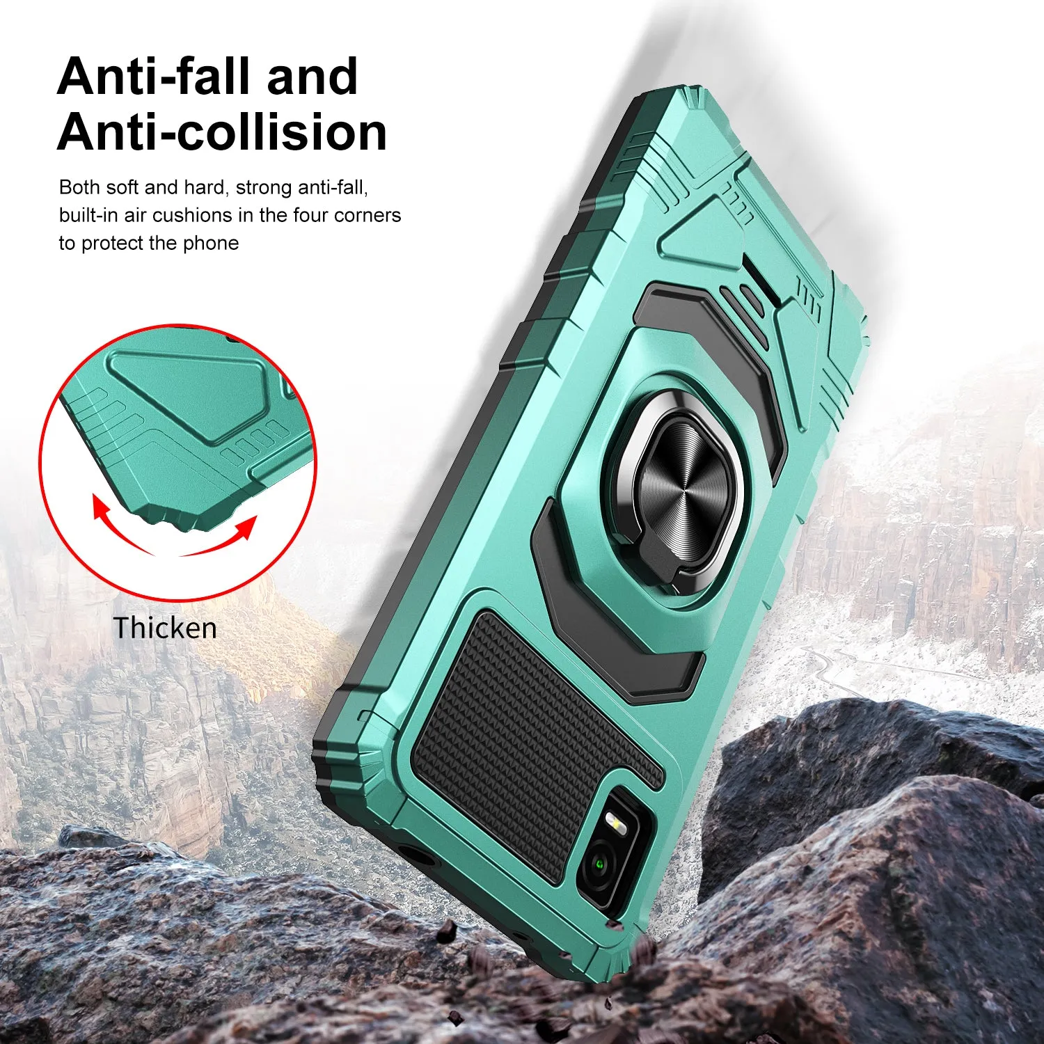 For Cricket Vision Plus Case [Military Grade] Ring Car Mount Kickstand w/[Tempered Glass] Hybrid Hard PC Soft TPU Shockproof Protective Case - Teal