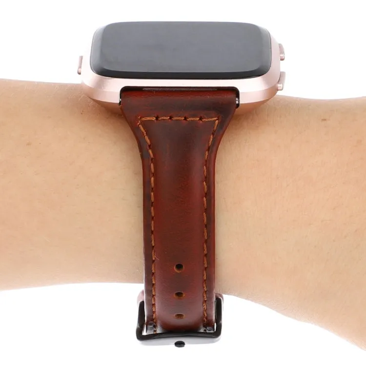 For Fitbit Versa Crazy Horse Texture Genuine Leather Watch Band(Red Brown)