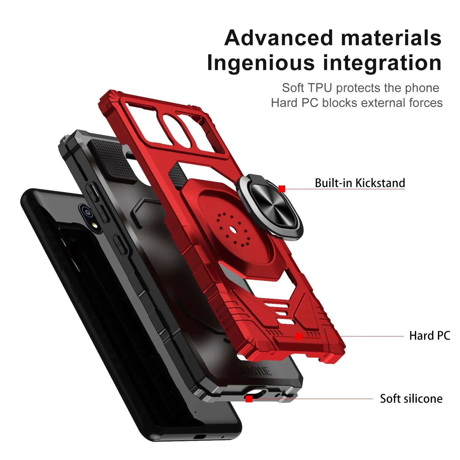 For Nokia C100 Case [Military Grade] Ring Car Mount Kickstand w/[Tempered Glass] Hybrid Hard PC Soft TPU Shockproof Protective Case - Red