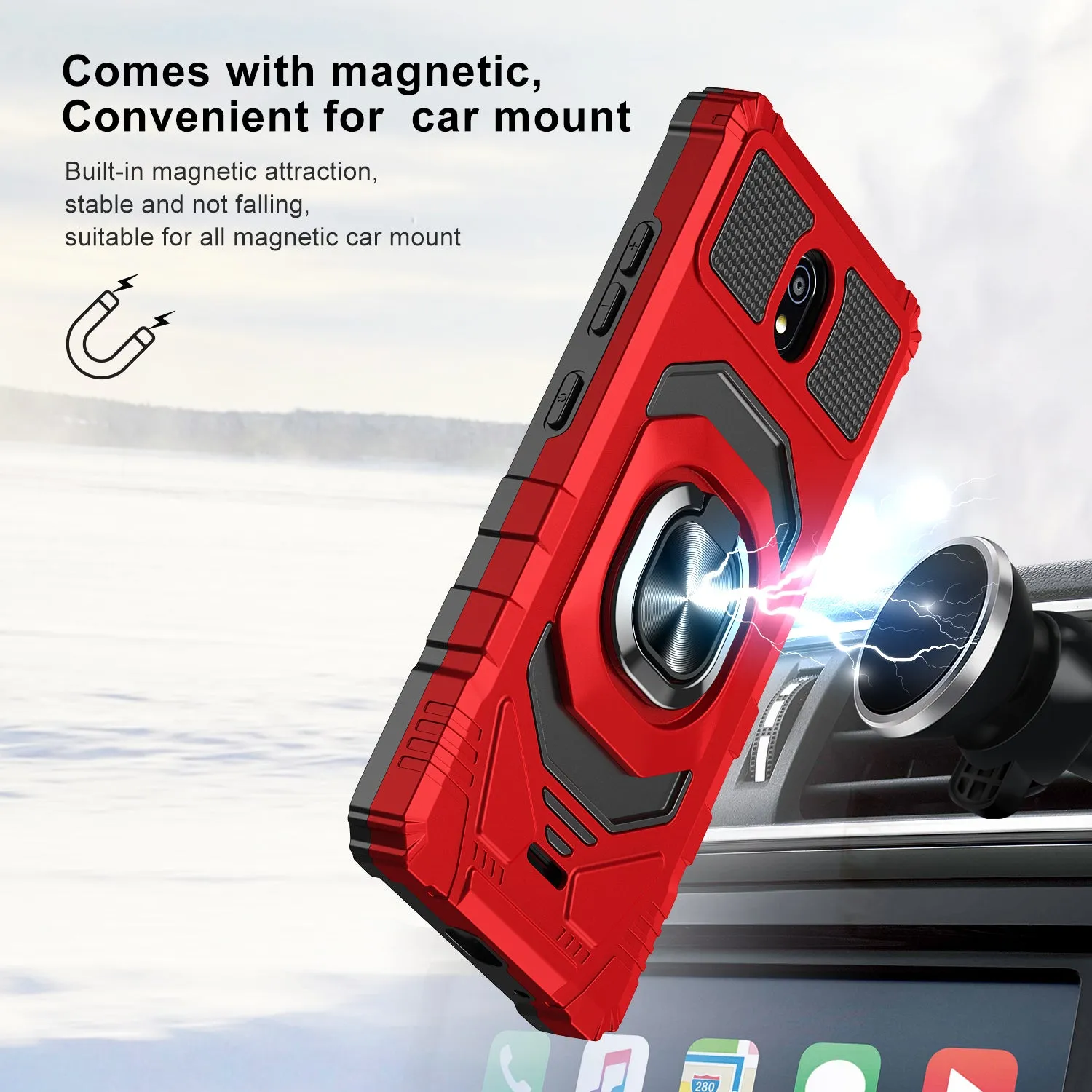 For Nokia C100 Case [Military Grade] Ring Car Mount Kickstand w/[Tempered Glass] Hybrid Hard PC Soft TPU Shockproof Protective Case - Red