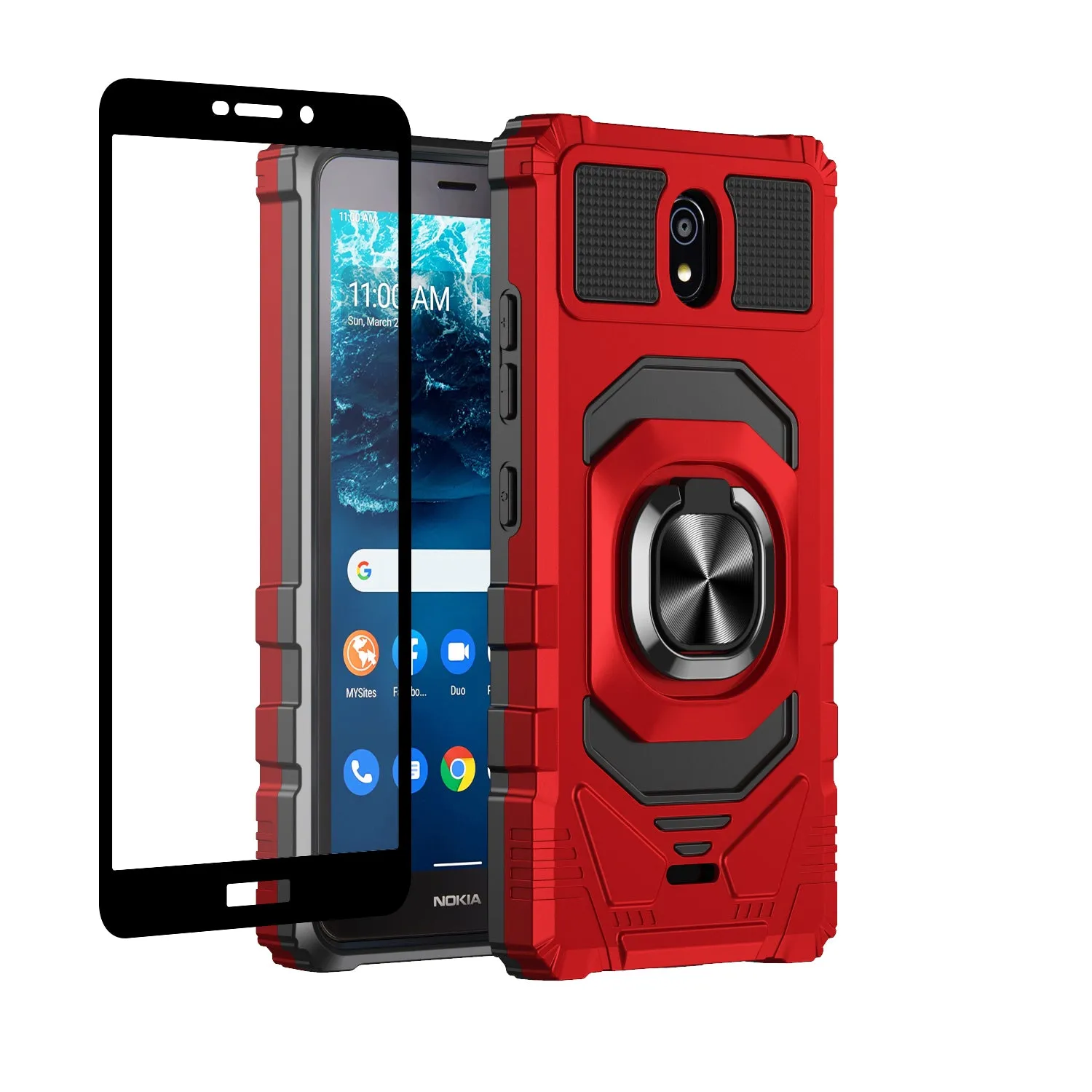 For Nokia C100 Case [Military Grade] Ring Car Mount Kickstand w/[Tempered Glass] Hybrid Hard PC Soft TPU Shockproof Protective Case - Red