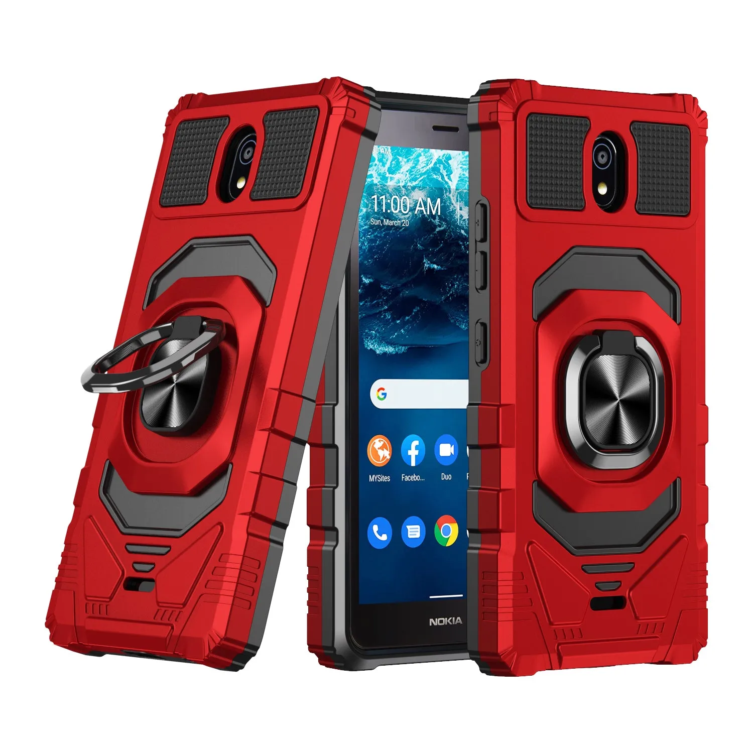 For Nokia C100 Case [Military Grade] Ring Car Mount Kickstand w/[Tempered Glass] Hybrid Hard PC Soft TPU Shockproof Protective Case - Red