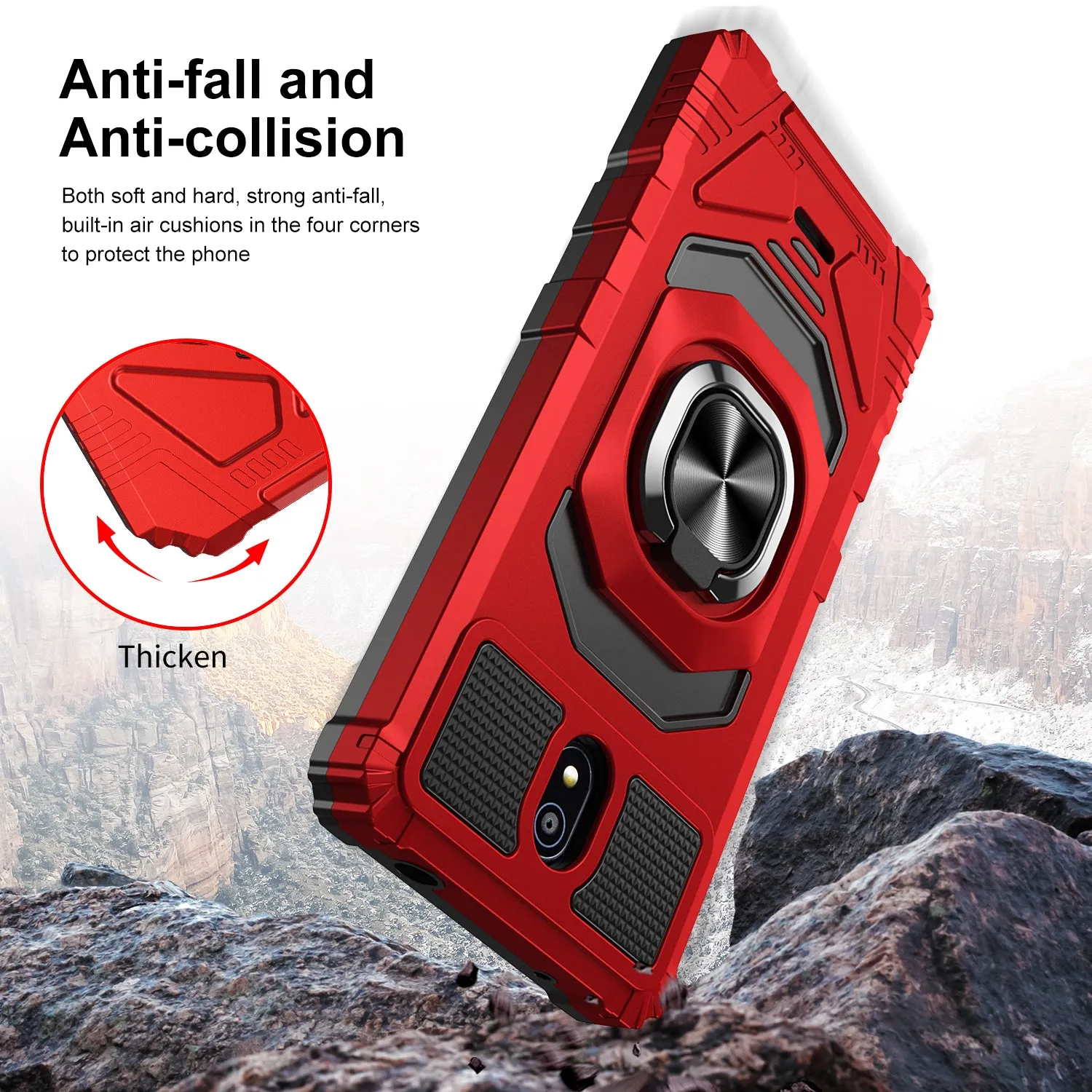 For Nokia C100 Case [Military Grade] Ring Car Mount Kickstand w/[Tempered Glass] Hybrid Hard PC Soft TPU Shockproof Protective Case - Red