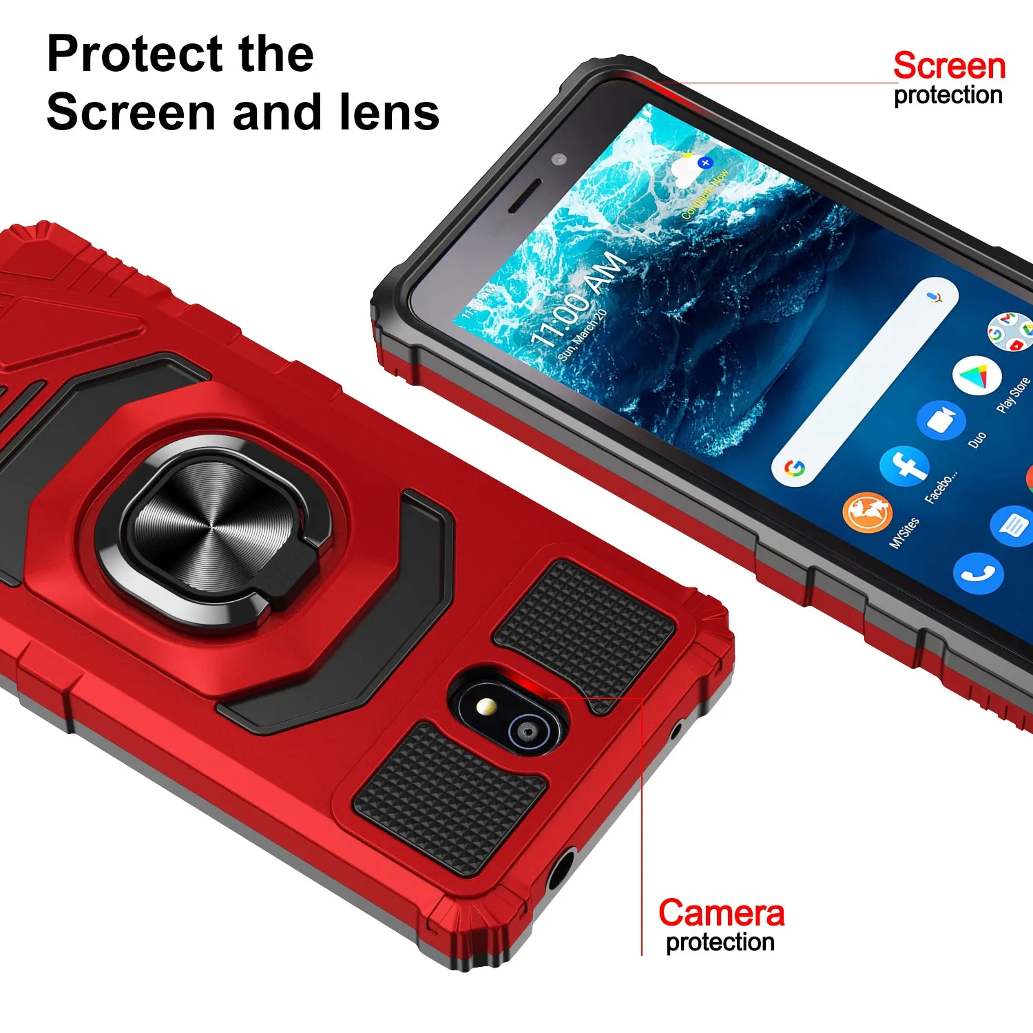 For Nokia C100 Case [Military Grade] Ring Car Mount Kickstand w/[Tempered Glass] Hybrid Hard PC Soft TPU Shockproof Protective Case - Red