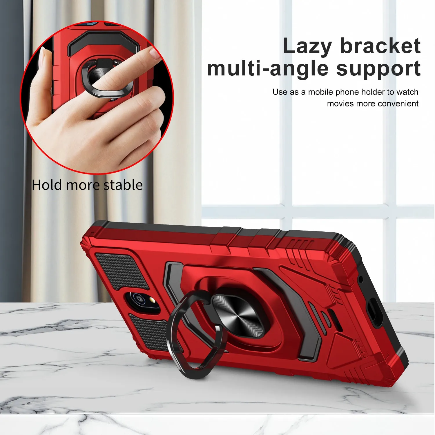 For Nokia C100 Case [Military Grade] Ring Car Mount Kickstand w/[Tempered Glass] Hybrid Hard PC Soft TPU Shockproof Protective Case - Red