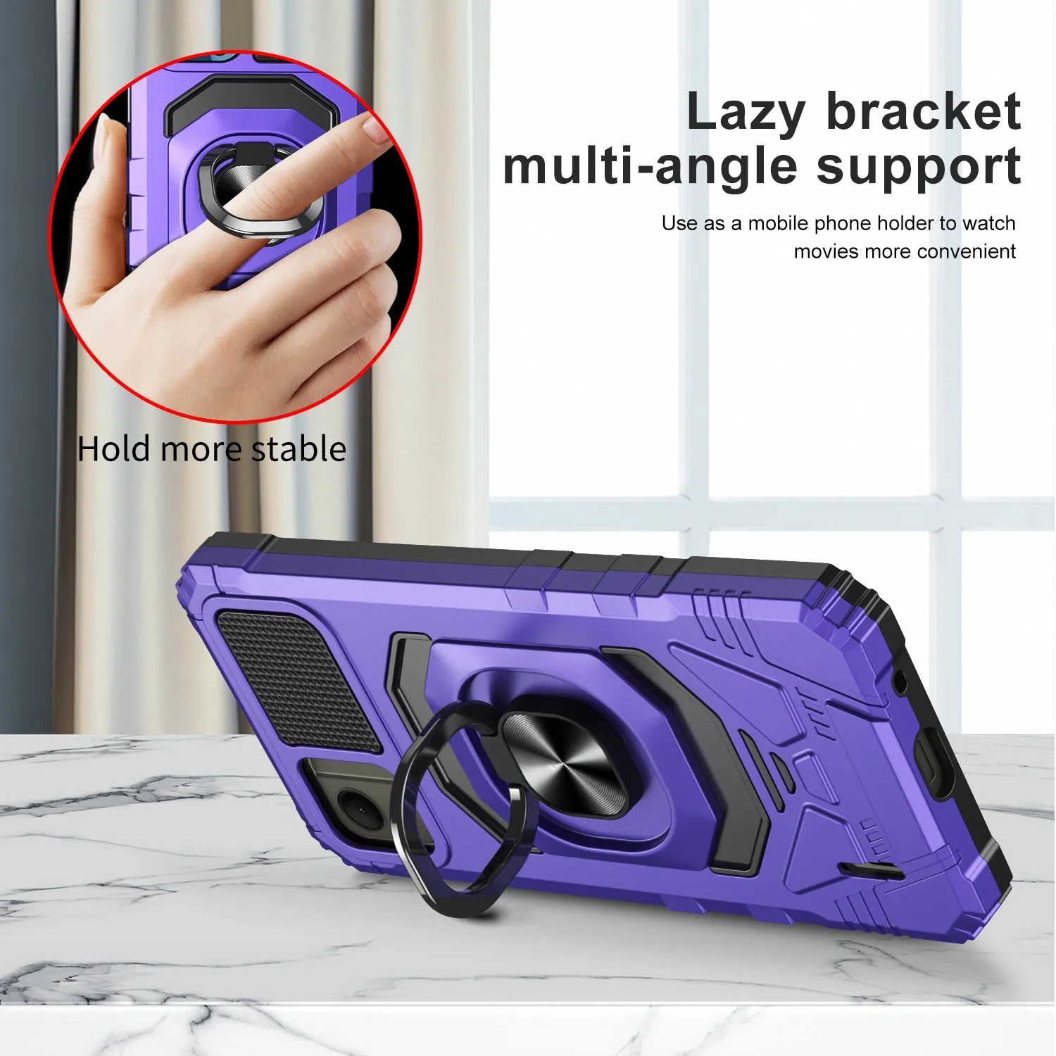 For Nokia C110 Case [Military Grade] Ring Car Mount Kickstand w/[Tempered Glass] Hybrid Hard PC Soft TPU Shockproof Protective Case - Purple