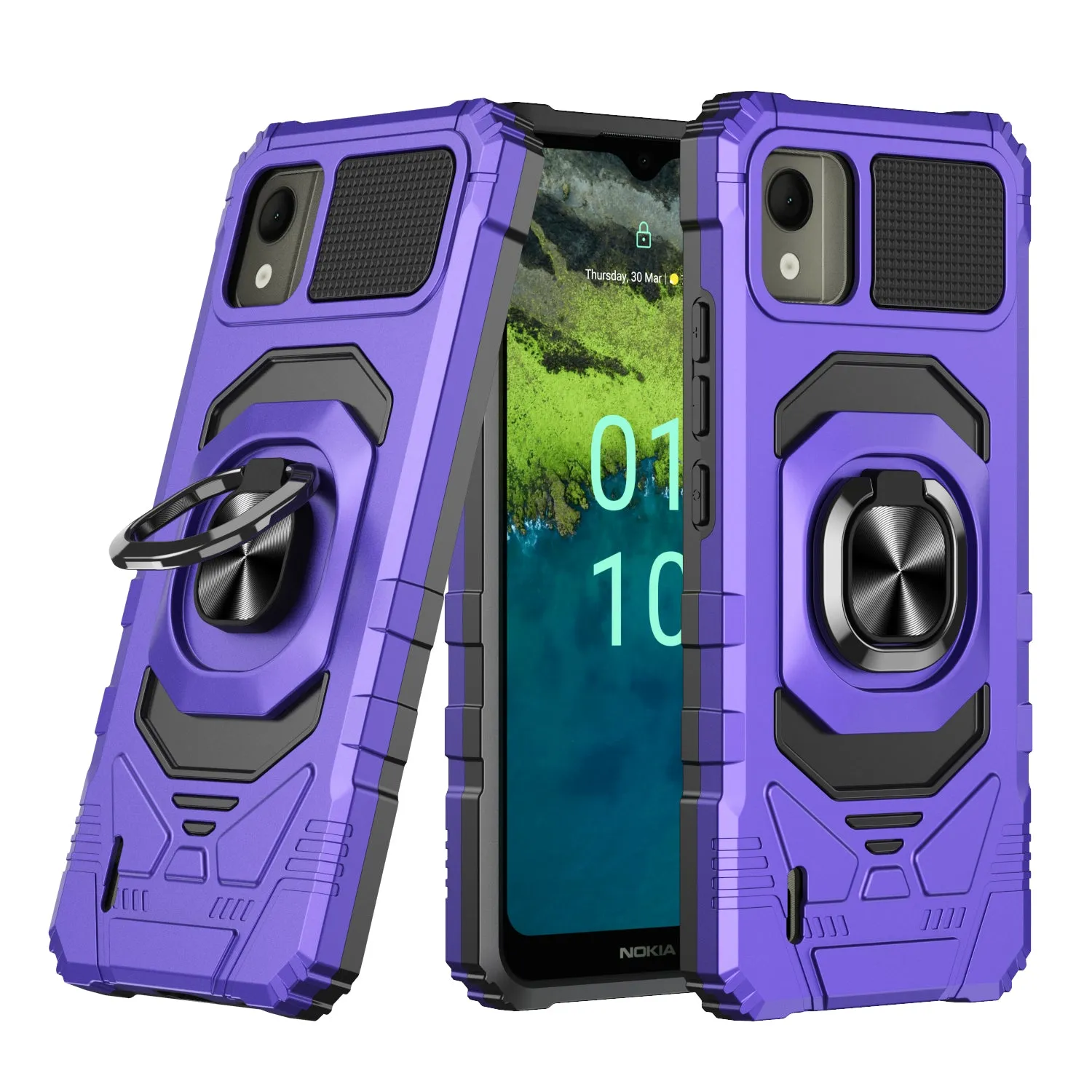 For Nokia C110 Case [Military Grade] Ring Car Mount Kickstand w/[Tempered Glass] Hybrid Hard PC Soft TPU Shockproof Protective Case - Purple