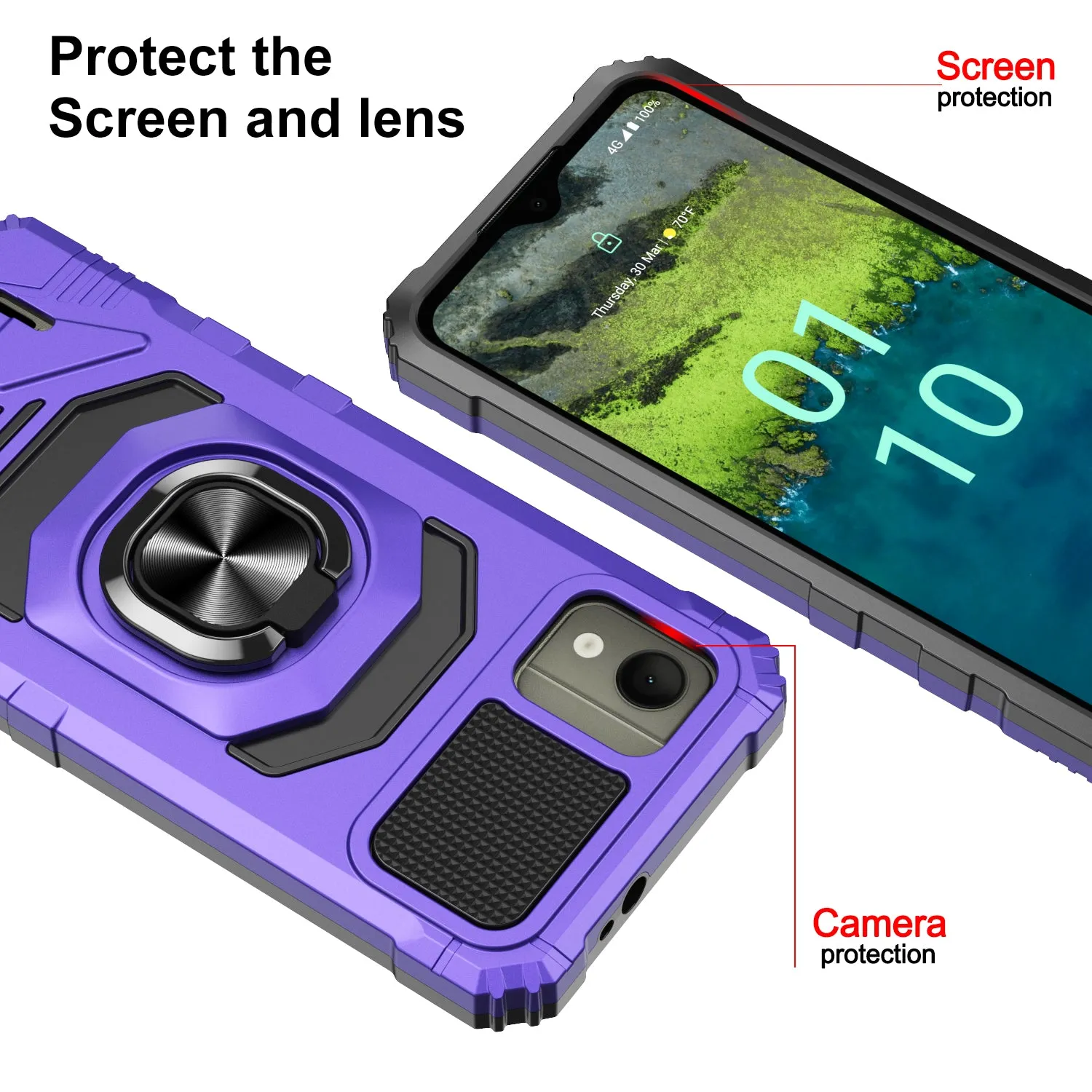 For Nokia C110 Case [Military Grade] Ring Car Mount Kickstand w/[Tempered Glass] Hybrid Hard PC Soft TPU Shockproof Protective Case - Purple