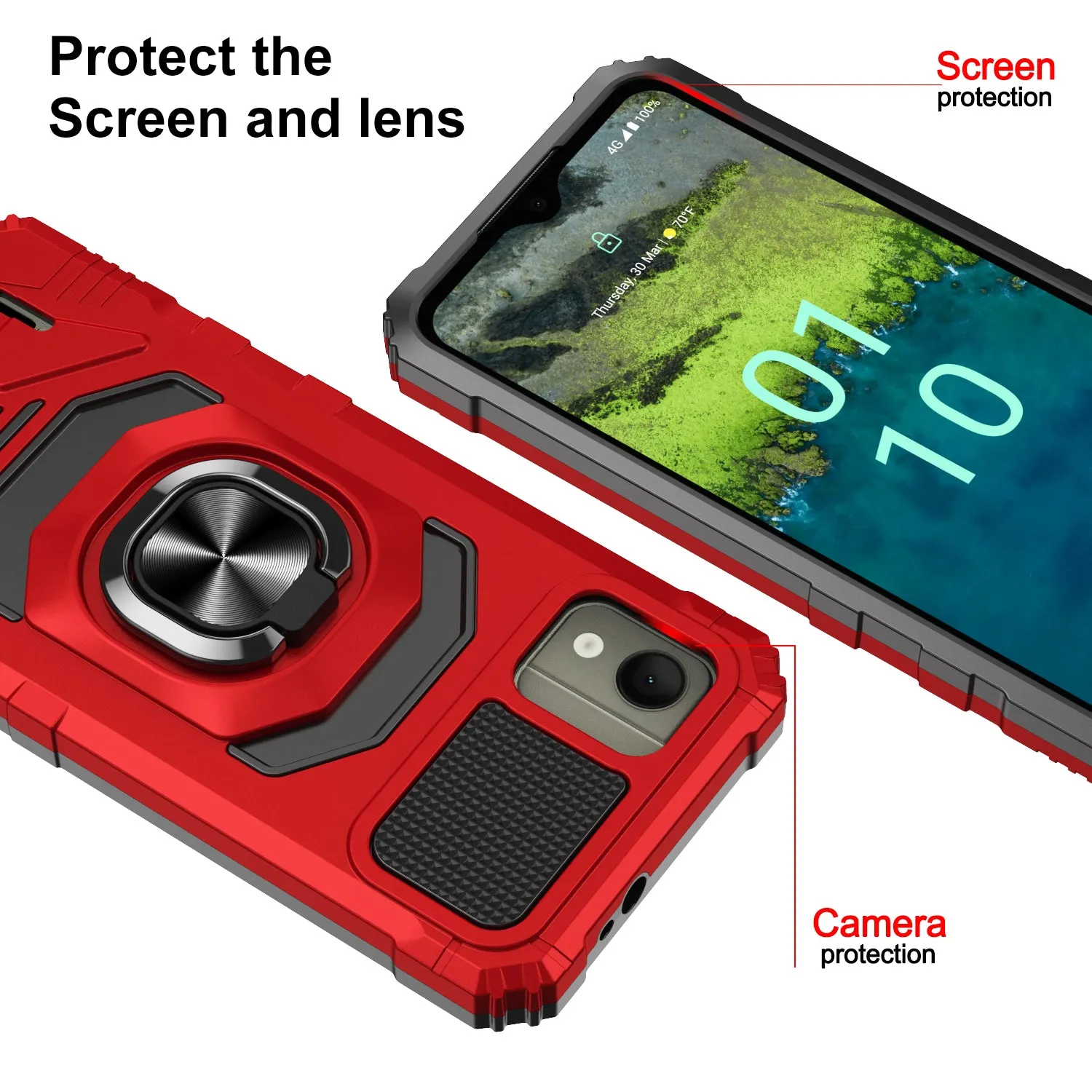 For Nokia C110 Case [Military Grade] Ring Car Mount Kickstand w/[Tempered Glass] Hybrid Hard PC Soft TPU Shockproof Protective Case - Red