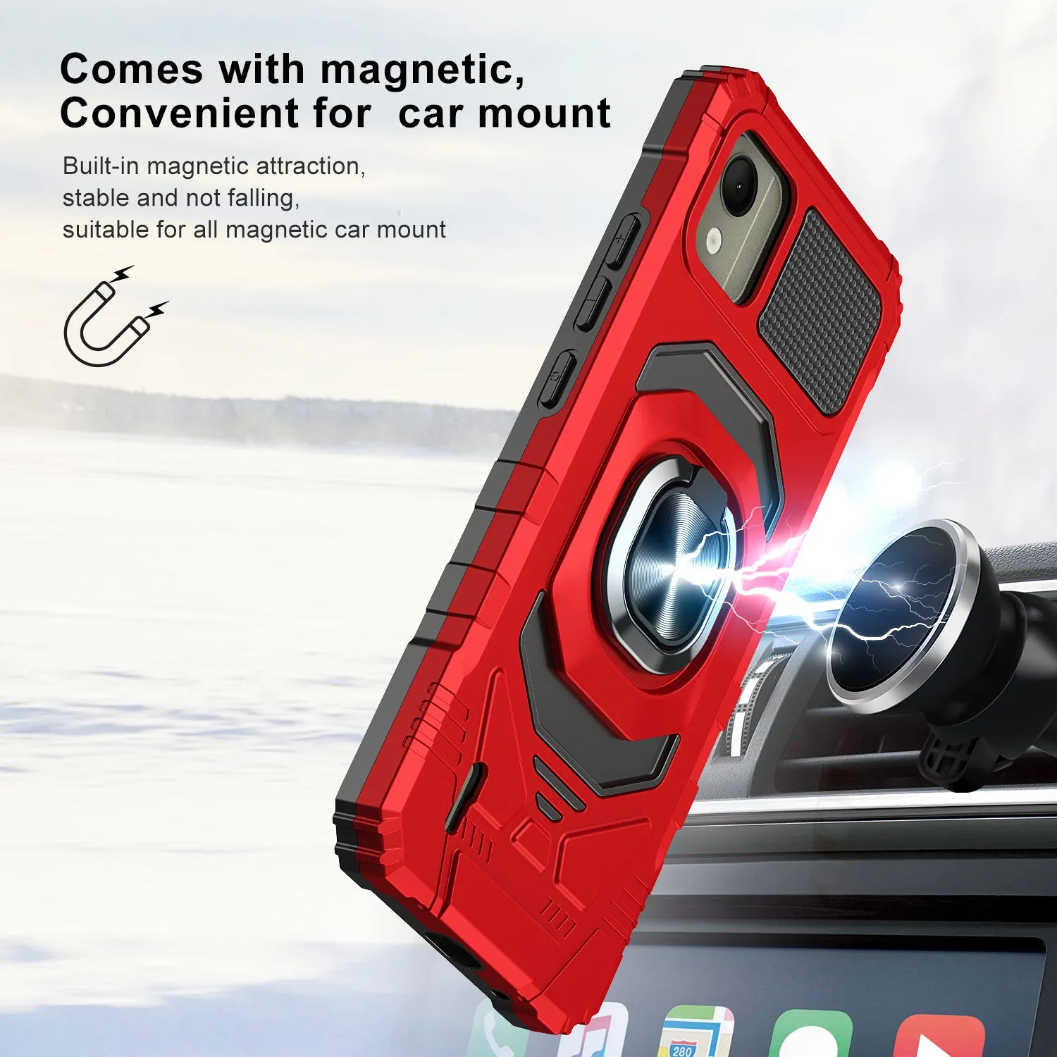 For Nokia C110 Case [Military Grade] Ring Car Mount Kickstand w/[Tempered Glass] Hybrid Hard PC Soft TPU Shockproof Protective Case - Red