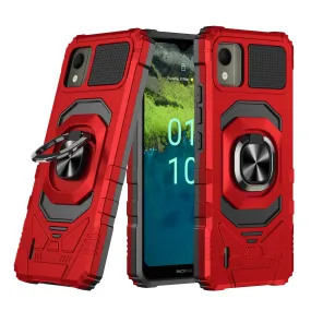 For Nokia C110 Case [Military Grade] Ring Car Mount Kickstand w/[Tempered Glass] Hybrid Hard PC Soft TPU Shockproof Protective Case - Red