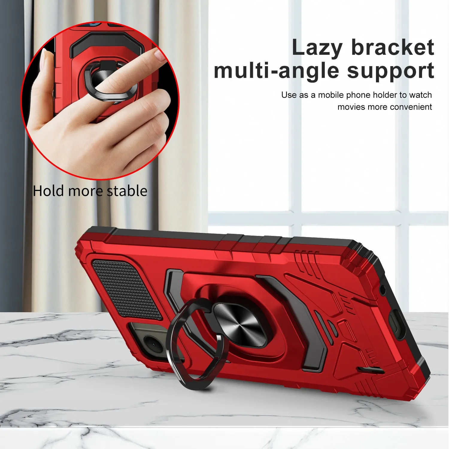 For Nokia C110 Case [Military Grade] Ring Car Mount Kickstand w/[Tempered Glass] Hybrid Hard PC Soft TPU Shockproof Protective Case - Red