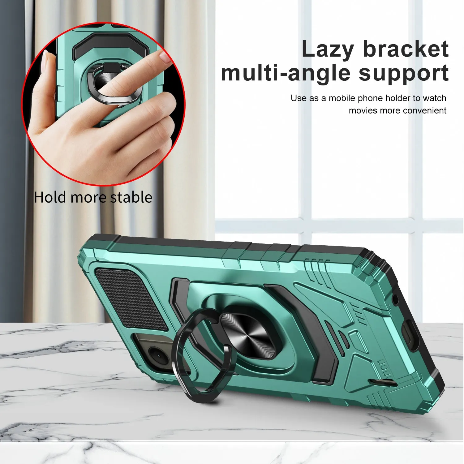 For Nokia C110 Case [Military Grade] Ring Car Mount Kickstand w/[Tempered Glass] Hybrid Hard PC Soft TPU Shockproof Protective Case - Teal