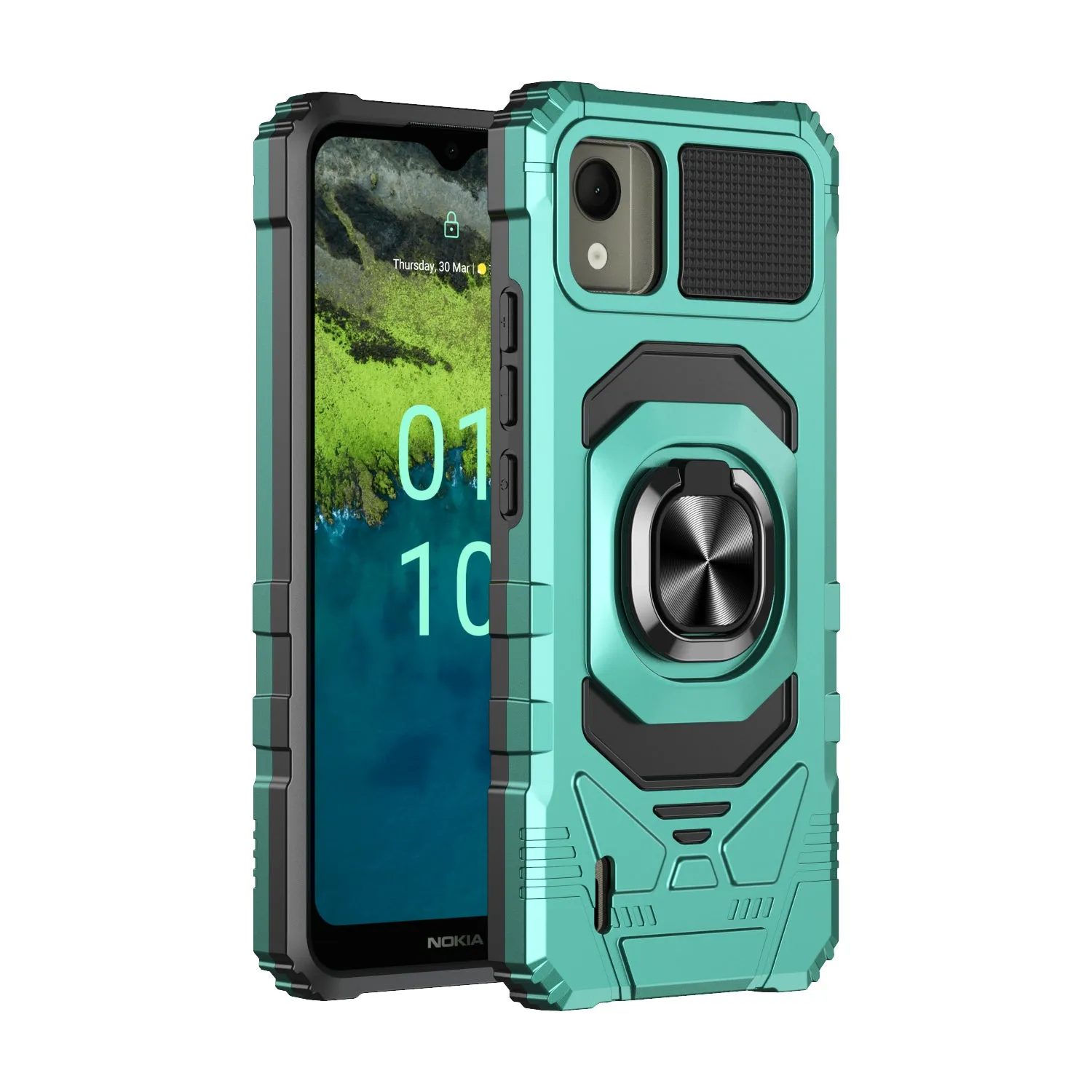 For Nokia C110 Case [Military Grade] Ring Car Mount Kickstand w/[Tempered Glass] Hybrid Hard PC Soft TPU Shockproof Protective Case - Teal