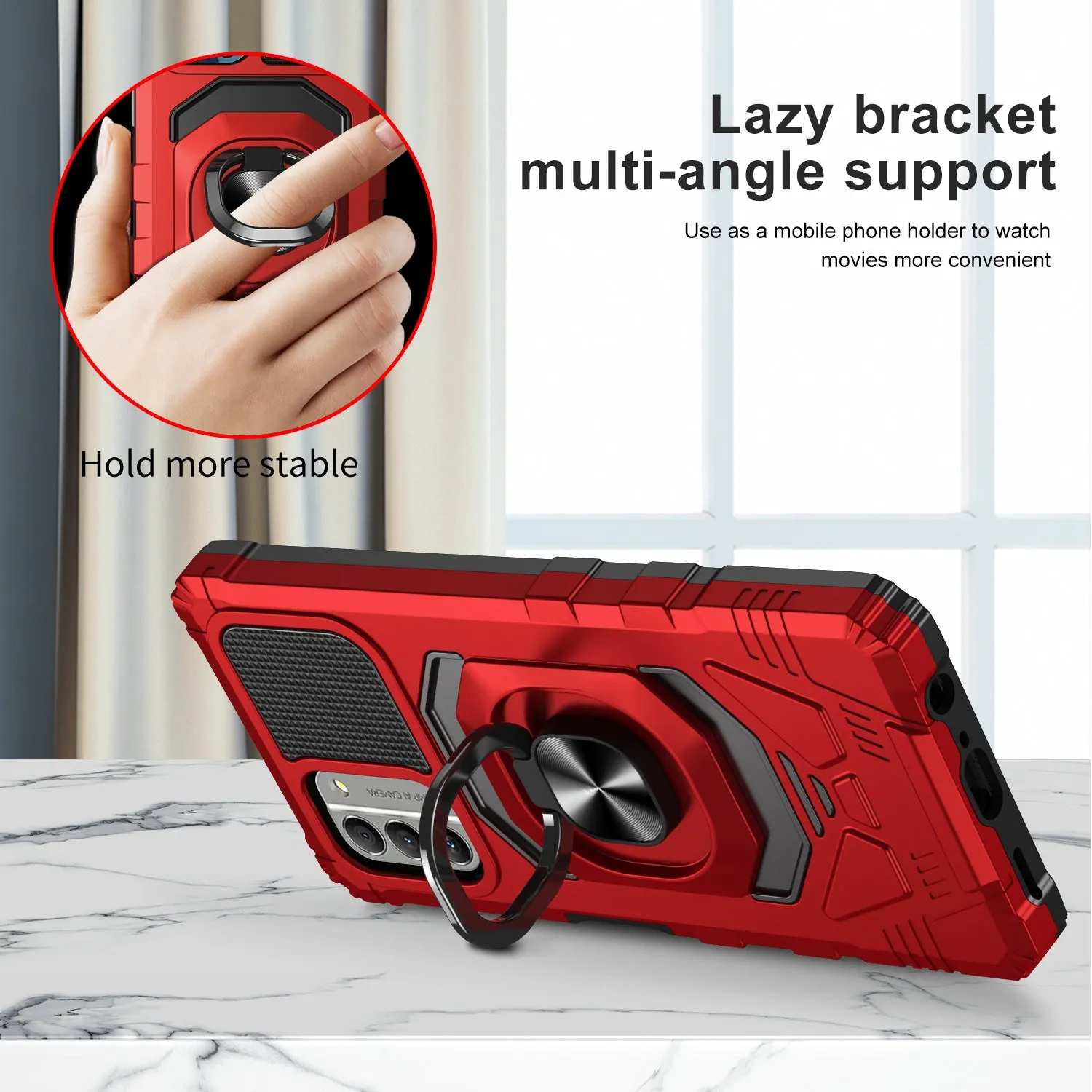 For Nokia C300 Case [Military Grade] Ring Car Mount Kickstand w/[Tempered Glass] Hybrid Hard PC Soft TPU Shockproof Protective Case - Red