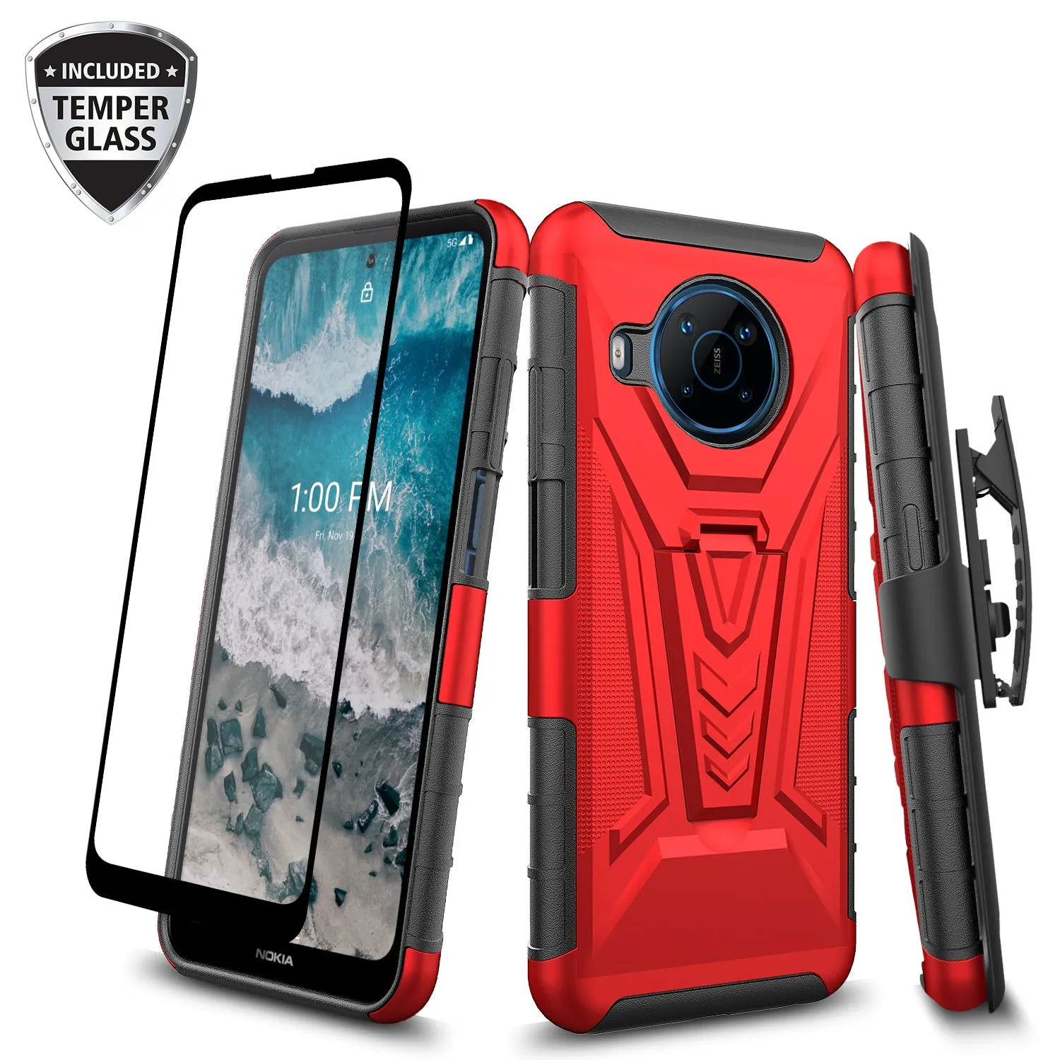 For Nokia X100 Case with Tempered Glass Screen Protector Heavy Duty Protective Phone Case,Built-in Kickstand Rugged Shockproof Protective Phone Case - Red