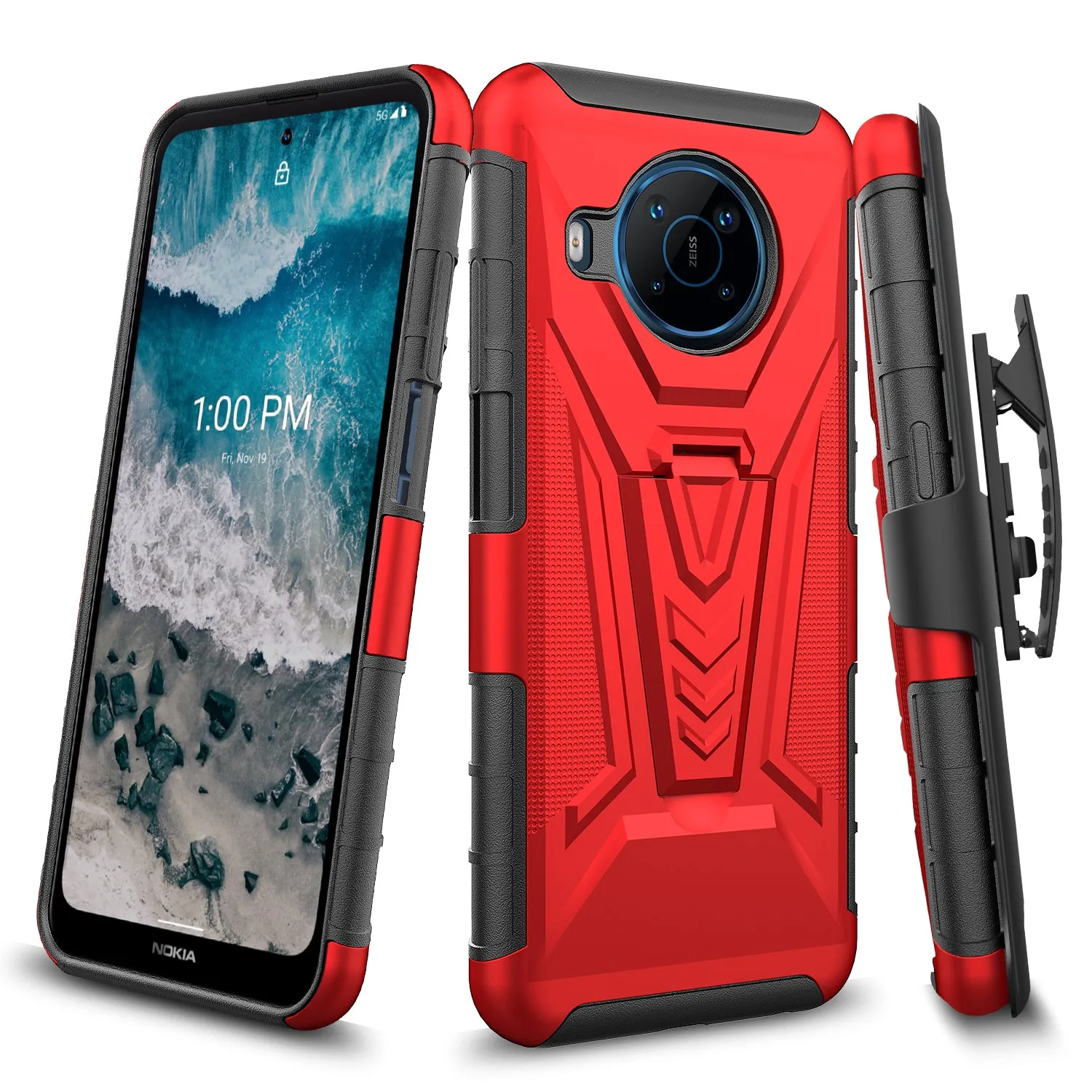 For Nokia X100 Case with Tempered Glass Screen Protector Heavy Duty Protective Phone Case,Built-in Kickstand Rugged Shockproof Protective Phone Case - Red