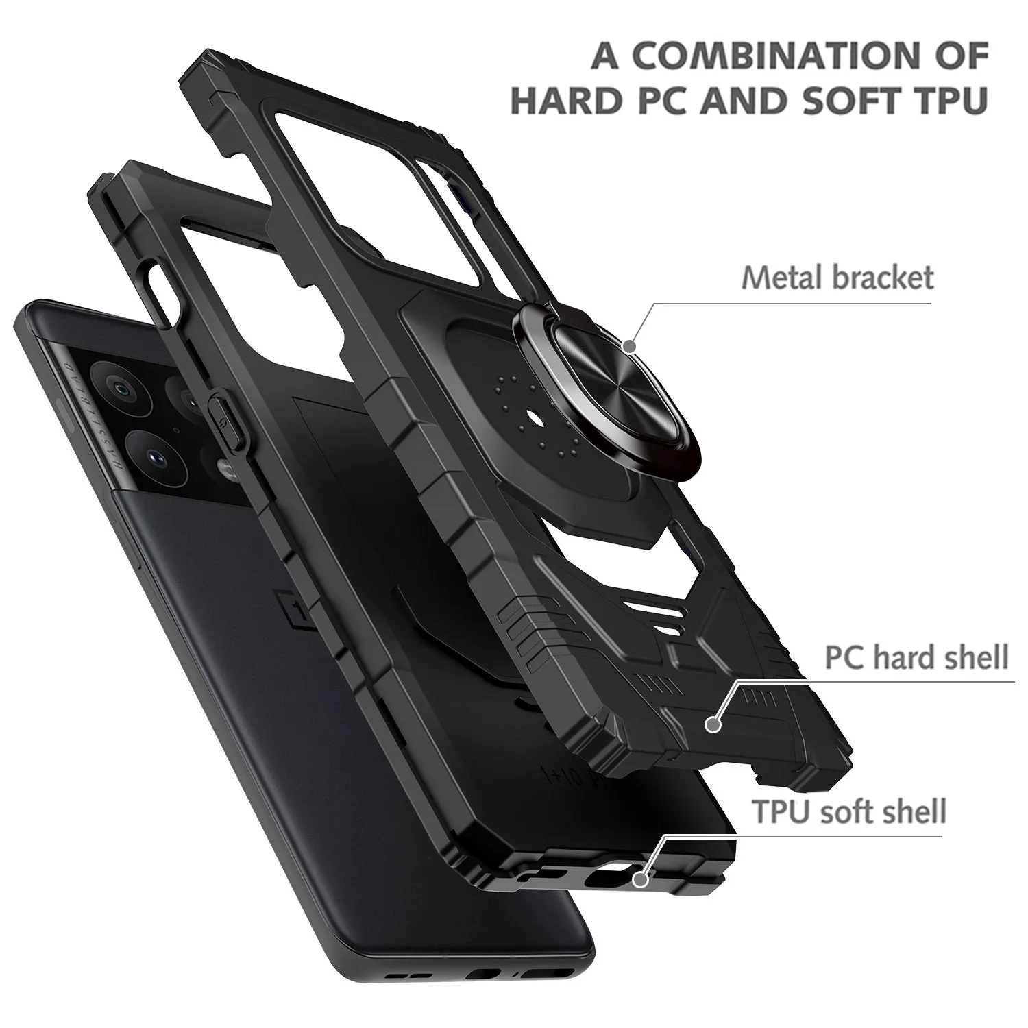 For OnePlus 10 Pro Case [Military Grade] Ring Car Mount Kickstand w/[Tempered Glass] Hybrid Hard PC Soft TPU Shockproof Protective Case - Black