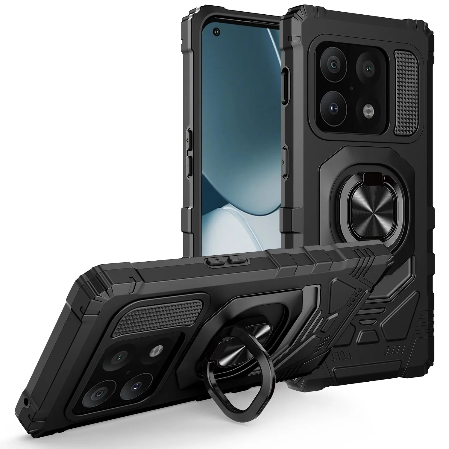 For OnePlus 10 Pro Case [Military Grade] Ring Car Mount Kickstand w/[Tempered Glass] Hybrid Hard PC Soft TPU Shockproof Protective Case - Black