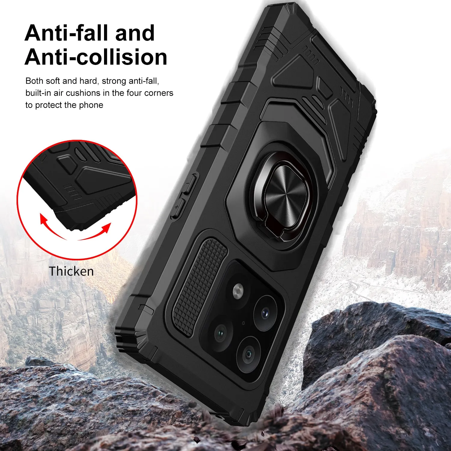 For OnePlus 10 Pro Case [Military Grade] Ring Car Mount Kickstand w/[Tempered Glass] Hybrid Hard PC Soft TPU Shockproof Protective Case - Black