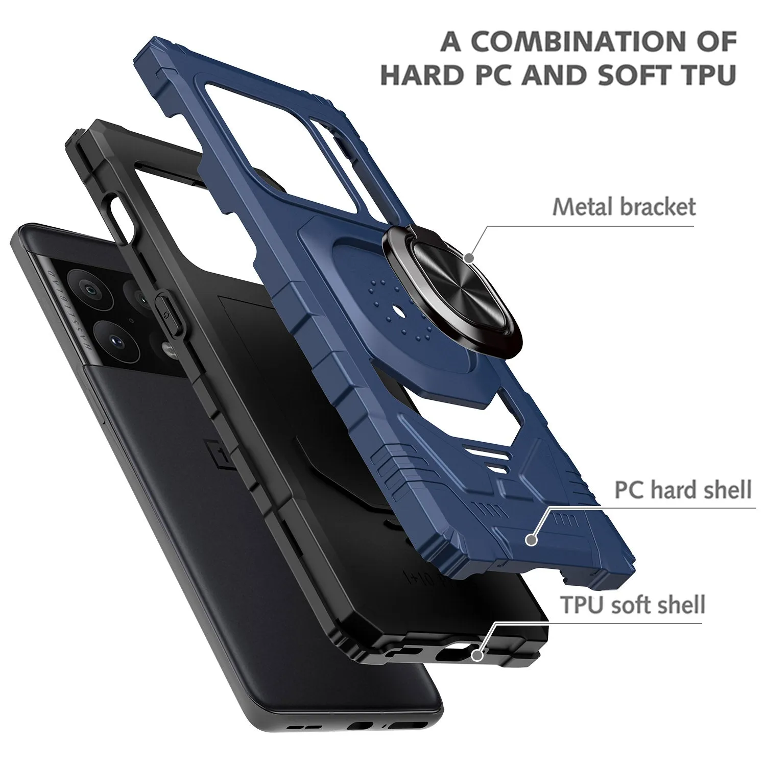 For OnePlus 10 Pro Case [Military Grade] Ring Car Mount Kickstand w/[Tempered Glass] Hybrid Hard PC Soft TPU Shockproof Protective Case - Blue