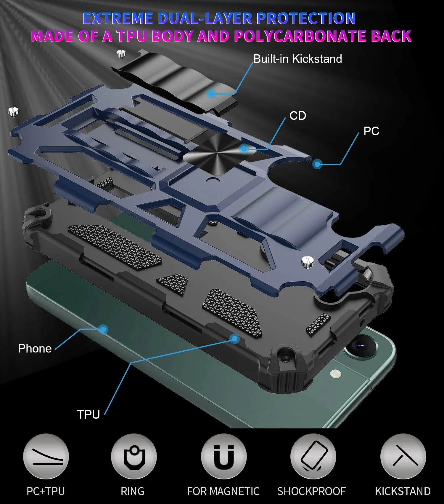 For Samsung Galaxy S23 Plus Case [Military Grade] Ring Car Mount Kickstand w/[Tempered Glass] Hybrid Hard PC Soft TPU Shockproof Protective Case -Blue