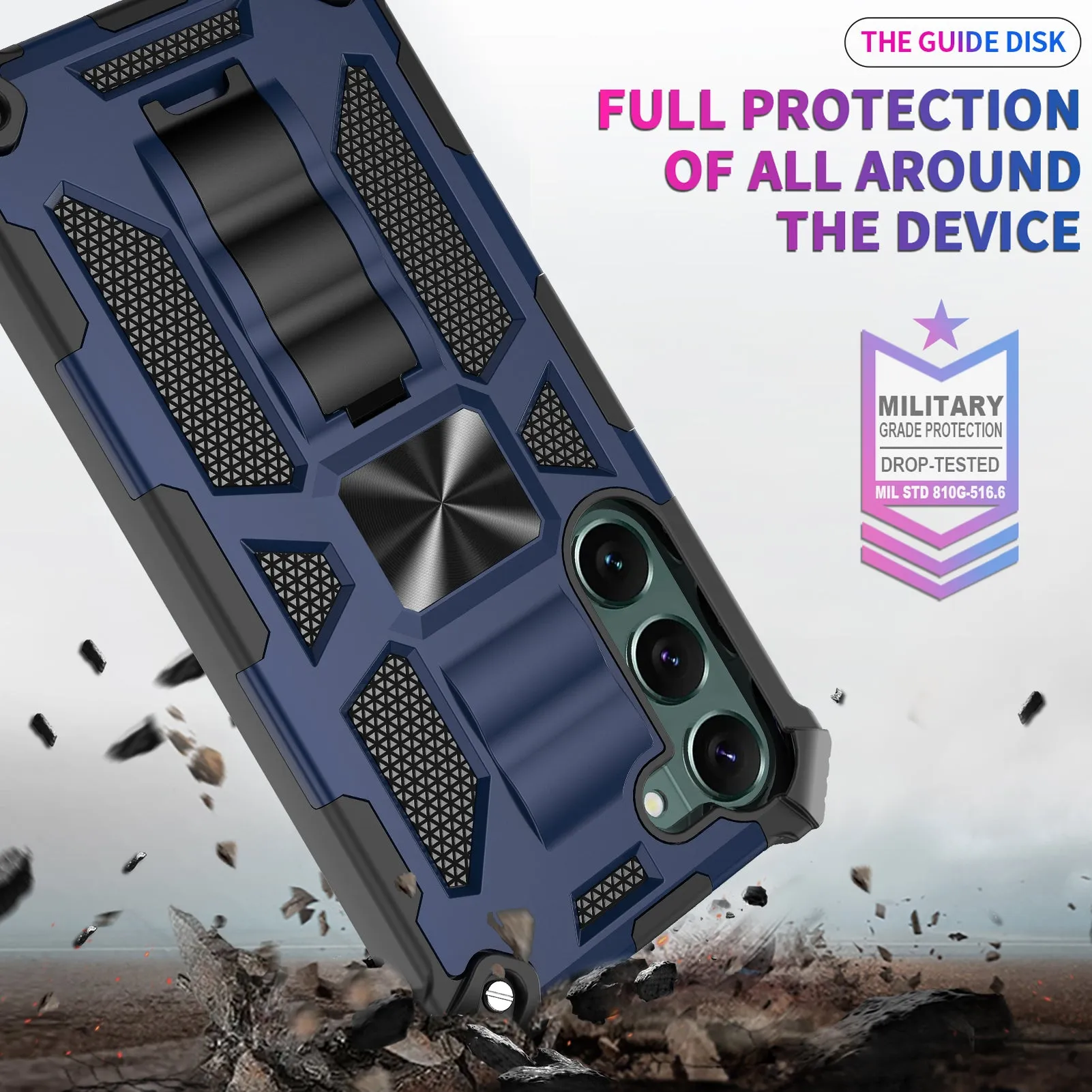 For Samsung Galaxy S23 Plus Case [Military Grade] Ring Car Mount Kickstand w/[Tempered Glass] Hybrid Hard PC Soft TPU Shockproof Protective Case -Blue