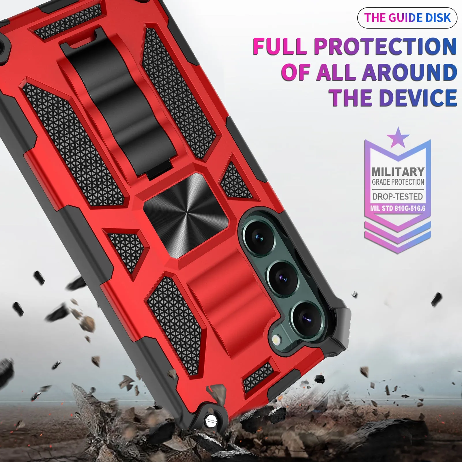 For Samsung Galaxy S23 Plus Case [Military Grade] Ring Car Mount Kickstand w/[Tempered Glass] Hybrid Hard PC Soft TPU Shockproof Protective Case -Red