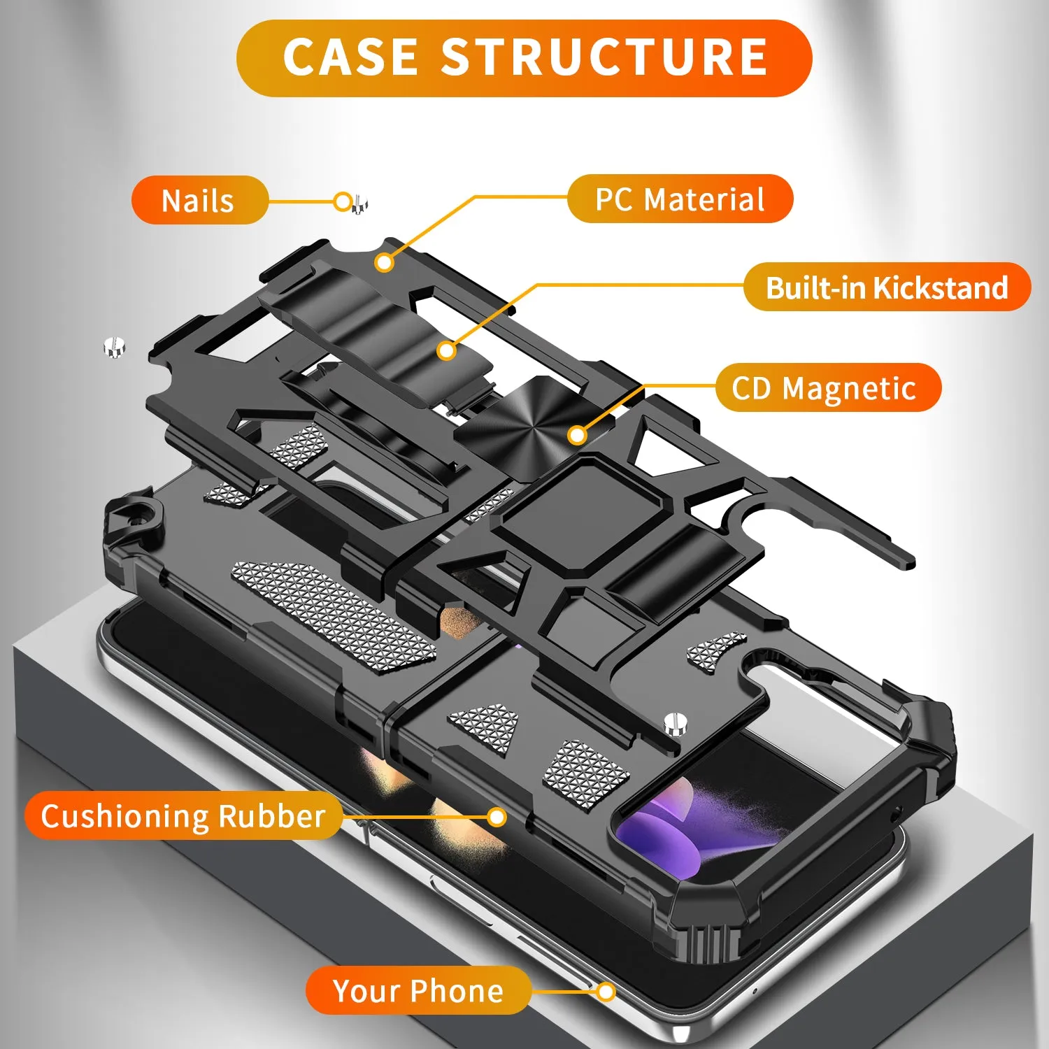 For Samsung Galaxy Z Flip4 Case [Military Grade] Ring Car Mount Kickstand w/[Tempered Glass] Hybrid Hard PC Soft TPU Shockproof Protective Case -Black