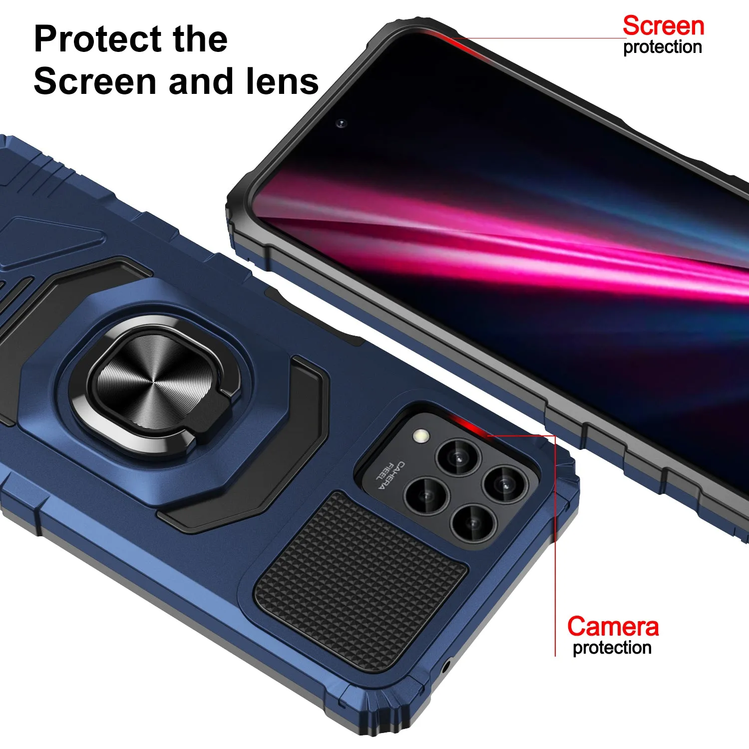 For T-Mobile REVVL 6 Pro 5G Case [Military Grade] Ring Car Mount Kickstand w/[Tempered Glass] Hybrid Hard PC Soft TPU Shockproof Protective Case - Blue