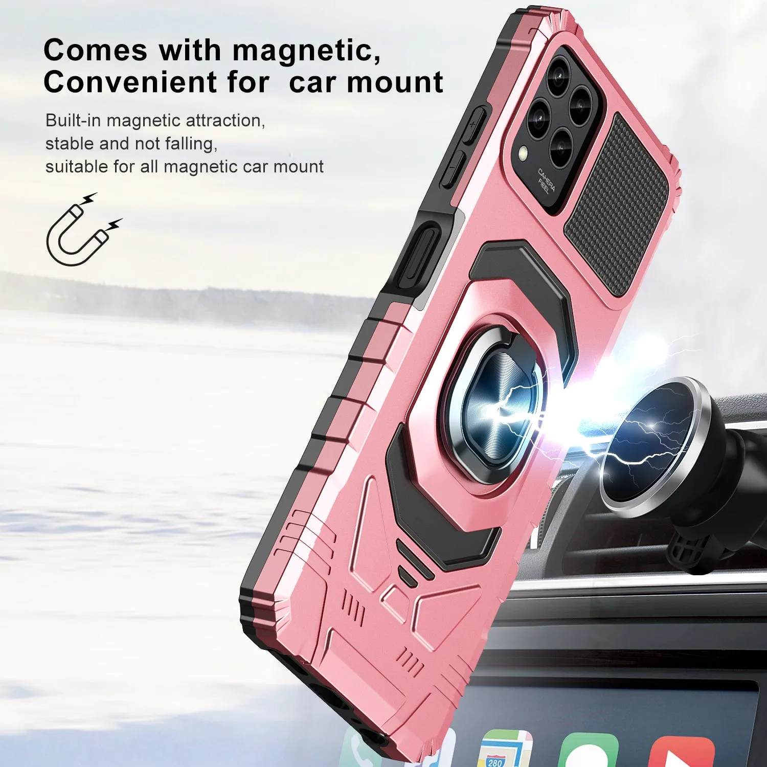 For T-Mobile REVVL 6 Pro 5G Case [Military Grade] Ring Car Mount Kickstand w/[Tempered Glass] Hybrid Hard PC Soft TPU Shockproof Protective Case - Rose Gold