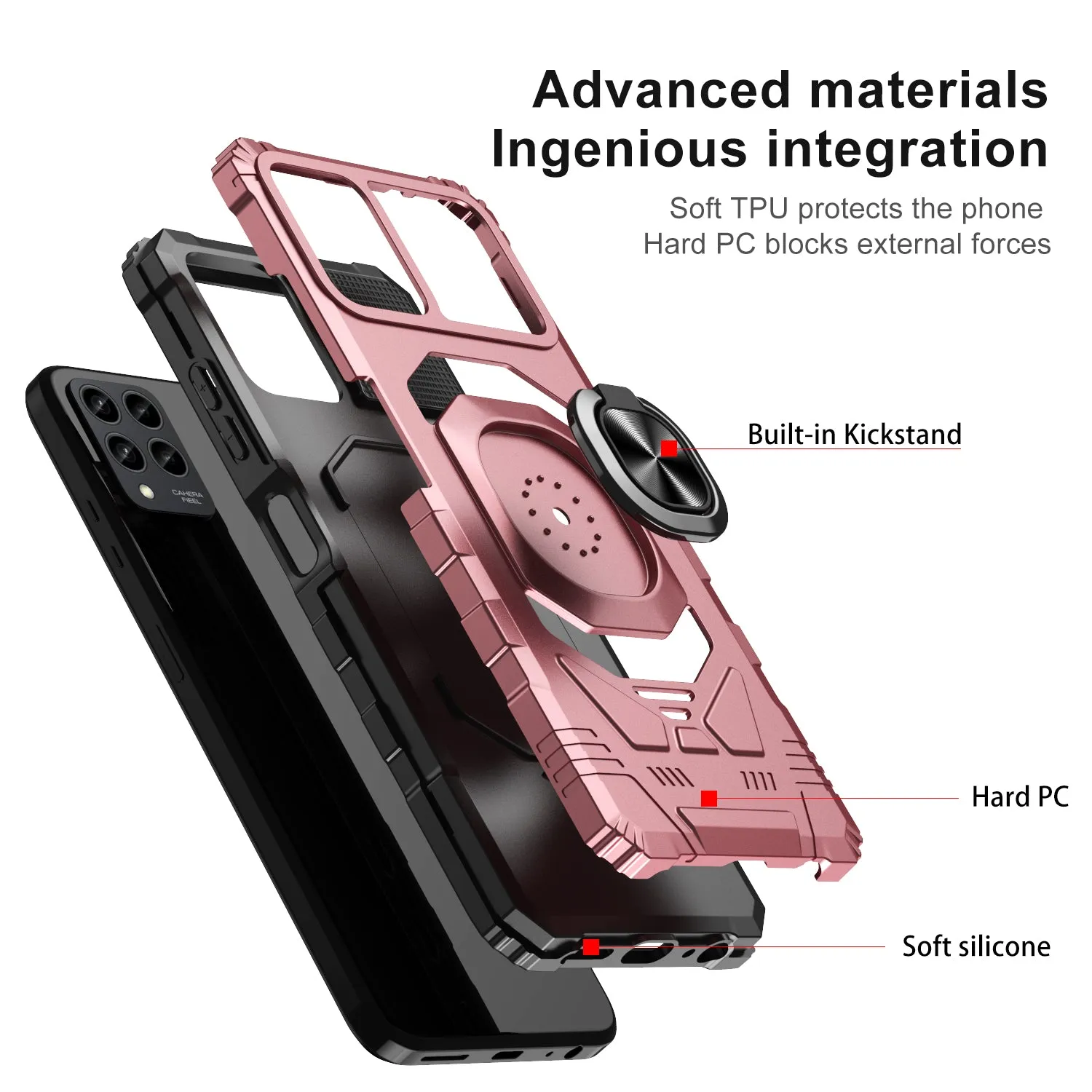 For T-Mobile REVVL 6 Pro 5G Case [Military Grade] Ring Car Mount Kickstand w/[Tempered Glass] Hybrid Hard PC Soft TPU Shockproof Protective Case - Rose Gold