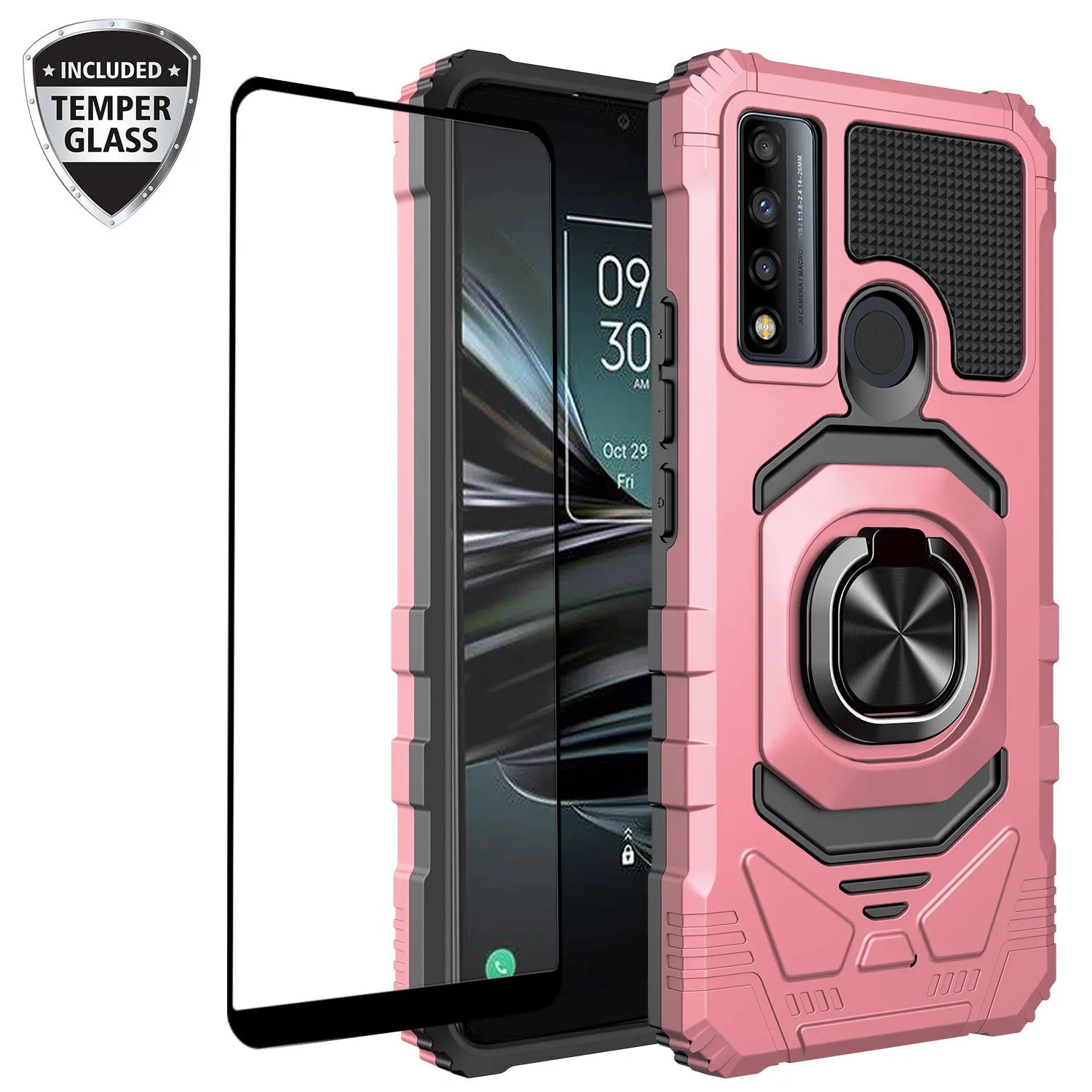 For TCL 20 A 5G / 4X 5G Case [Military Grade] Ring Car Mount Kickstand w/[Tempered Glass] Hybrid Hard PC Soft TPU Shockproof Protective Case - Rose Gold