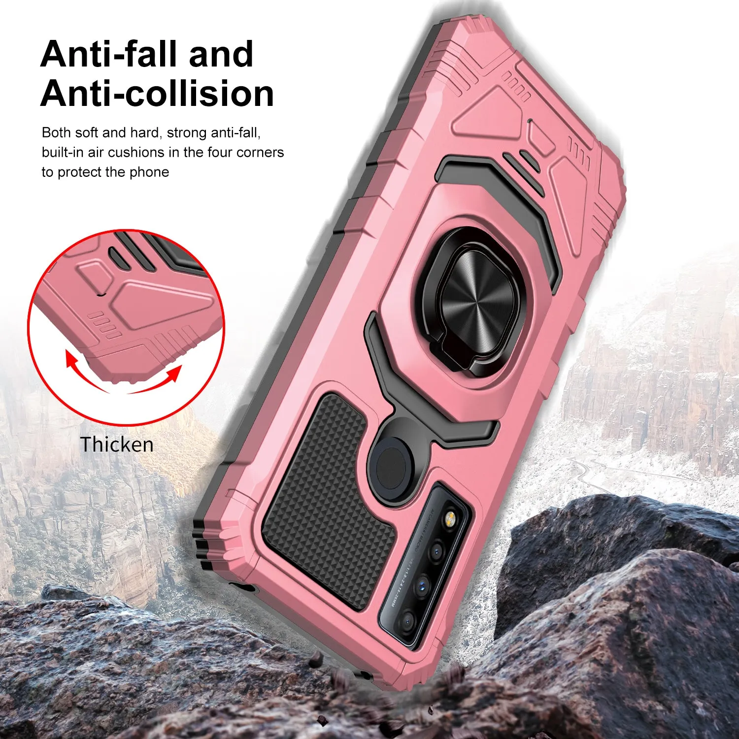 For TCL 20 A 5G / 4X 5G Case [Military Grade] Ring Car Mount Kickstand w/[Tempered Glass] Hybrid Hard PC Soft TPU Shockproof Protective Case - Rose Gold