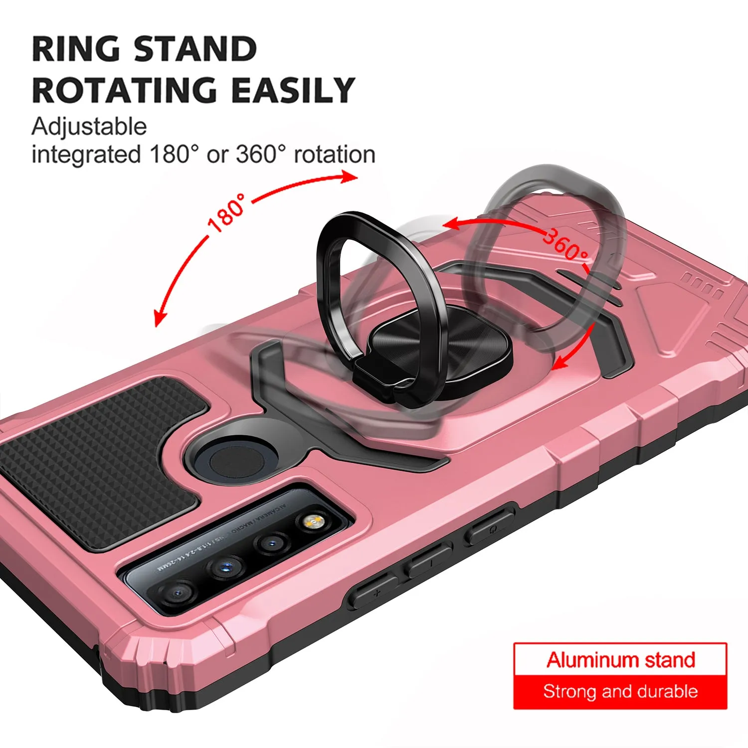 For TCL 20 A 5G / 4X 5G Case [Military Grade] Ring Car Mount Kickstand w/[Tempered Glass] Hybrid Hard PC Soft TPU Shockproof Protective Case - Rose Gold