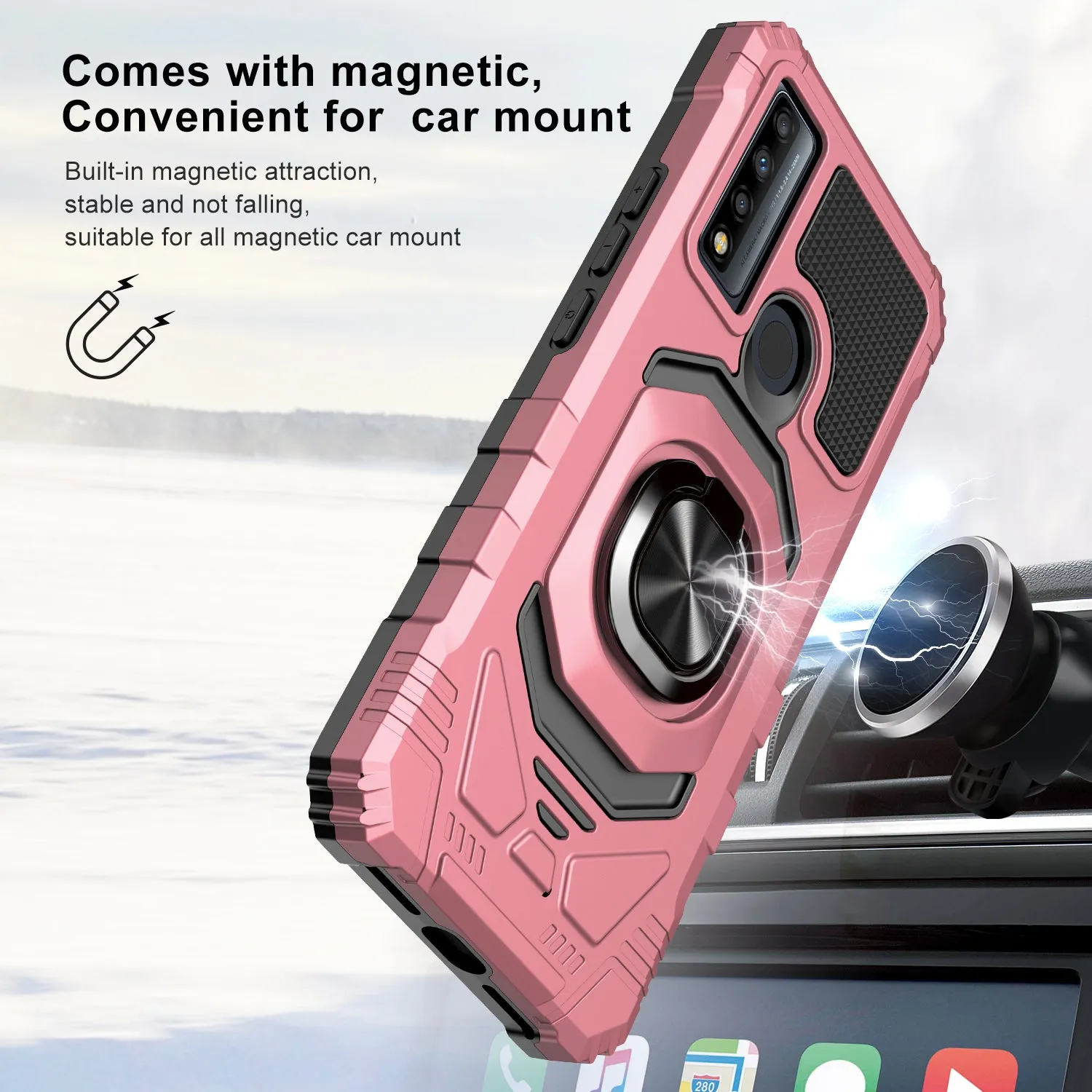 For TCL 20 A 5G / 4X 5G Case [Military Grade] Ring Car Mount Kickstand w/[Tempered Glass] Hybrid Hard PC Soft TPU Shockproof Protective Case - Rose Gold