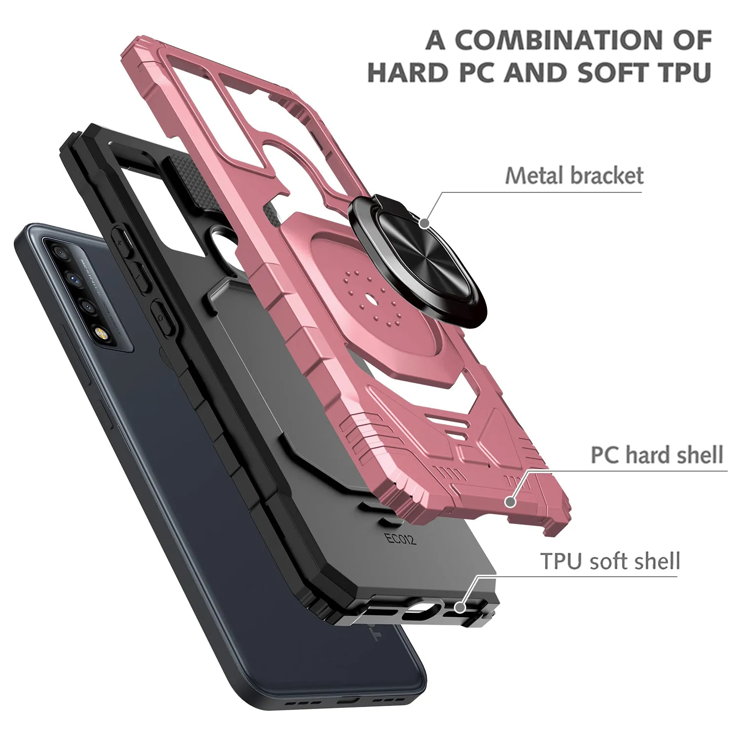 For TCL 20 A 5G / 4X 5G Case [Military Grade] Ring Car Mount Kickstand w/[Tempered Glass] Hybrid Hard PC Soft TPU Shockproof Protective Case - Rose Gold