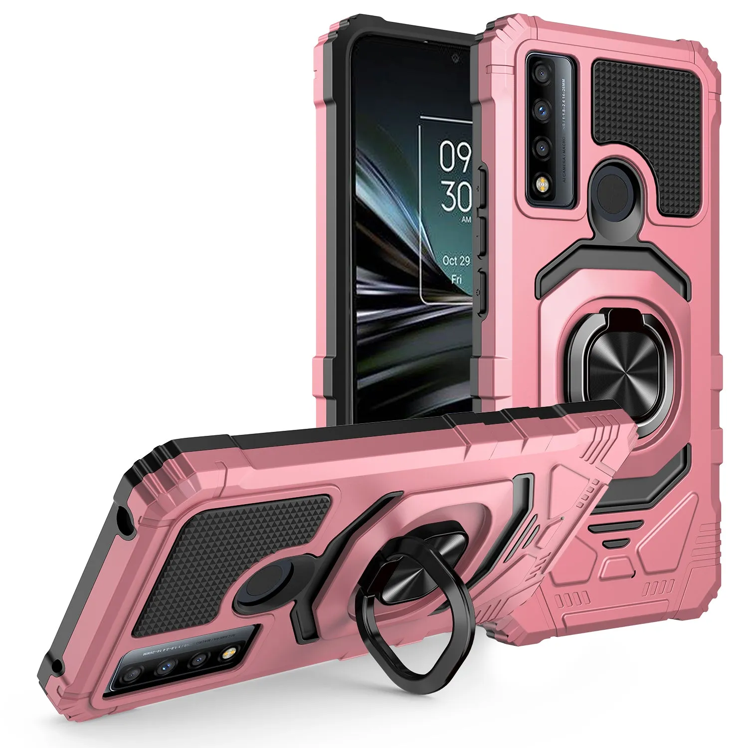 For TCL 20 A 5G / 4X 5G Case [Military Grade] Ring Car Mount Kickstand w/[Tempered Glass] Hybrid Hard PC Soft TPU Shockproof Protective Case - Rose Gold