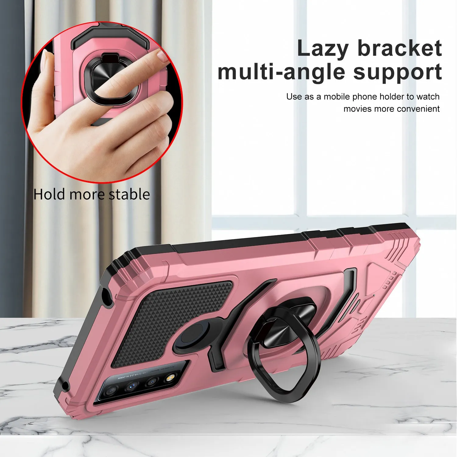 For TCL 20 A 5G / 4X 5G Case [Military Grade] Ring Car Mount Kickstand w/[Tempered Glass] Hybrid Hard PC Soft TPU Shockproof Protective Case - Rose Gold