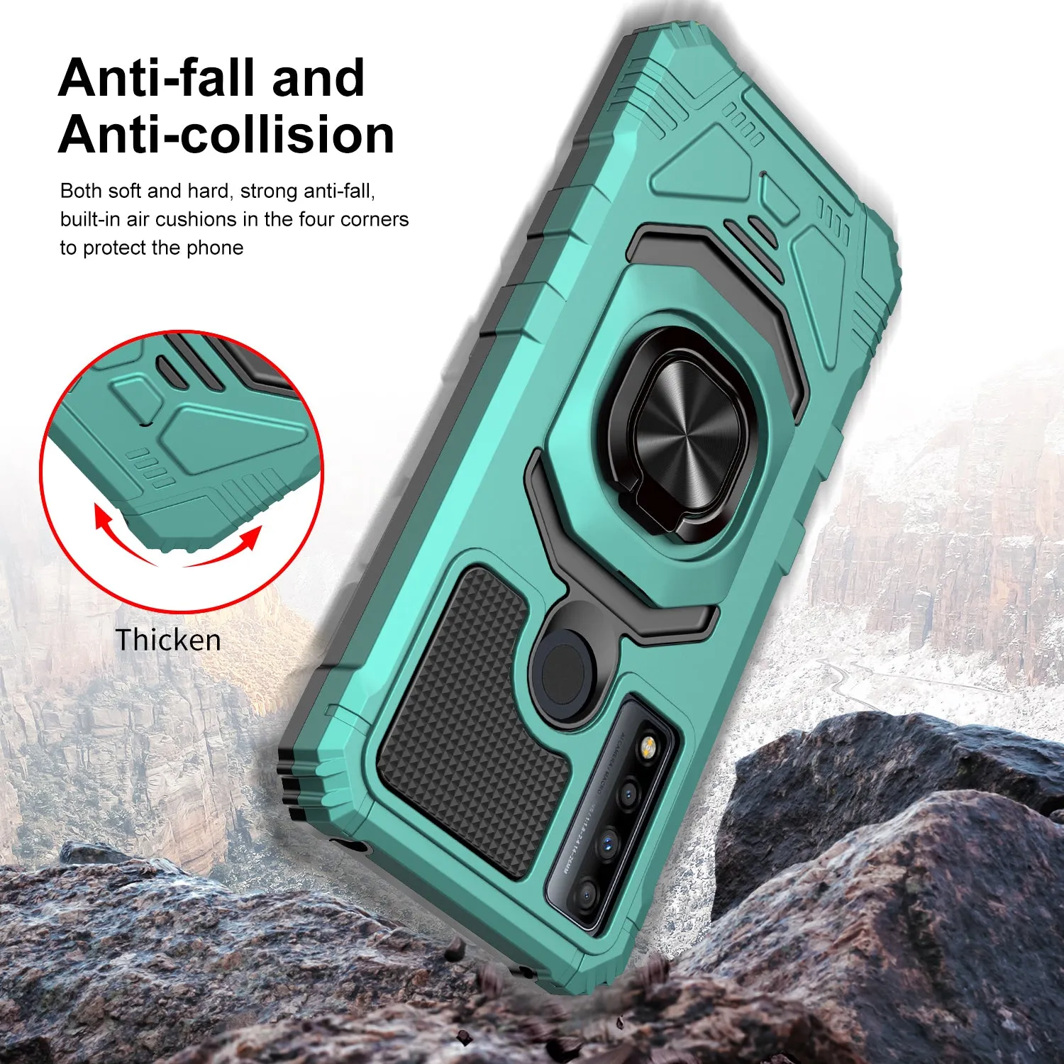 For TCL 20 XE Case [Military Grade] Ring Car Mount Kickstand w/[Tempered Glass] Hybrid Hard PC Soft TPU Shockproof Protective Case - Teal