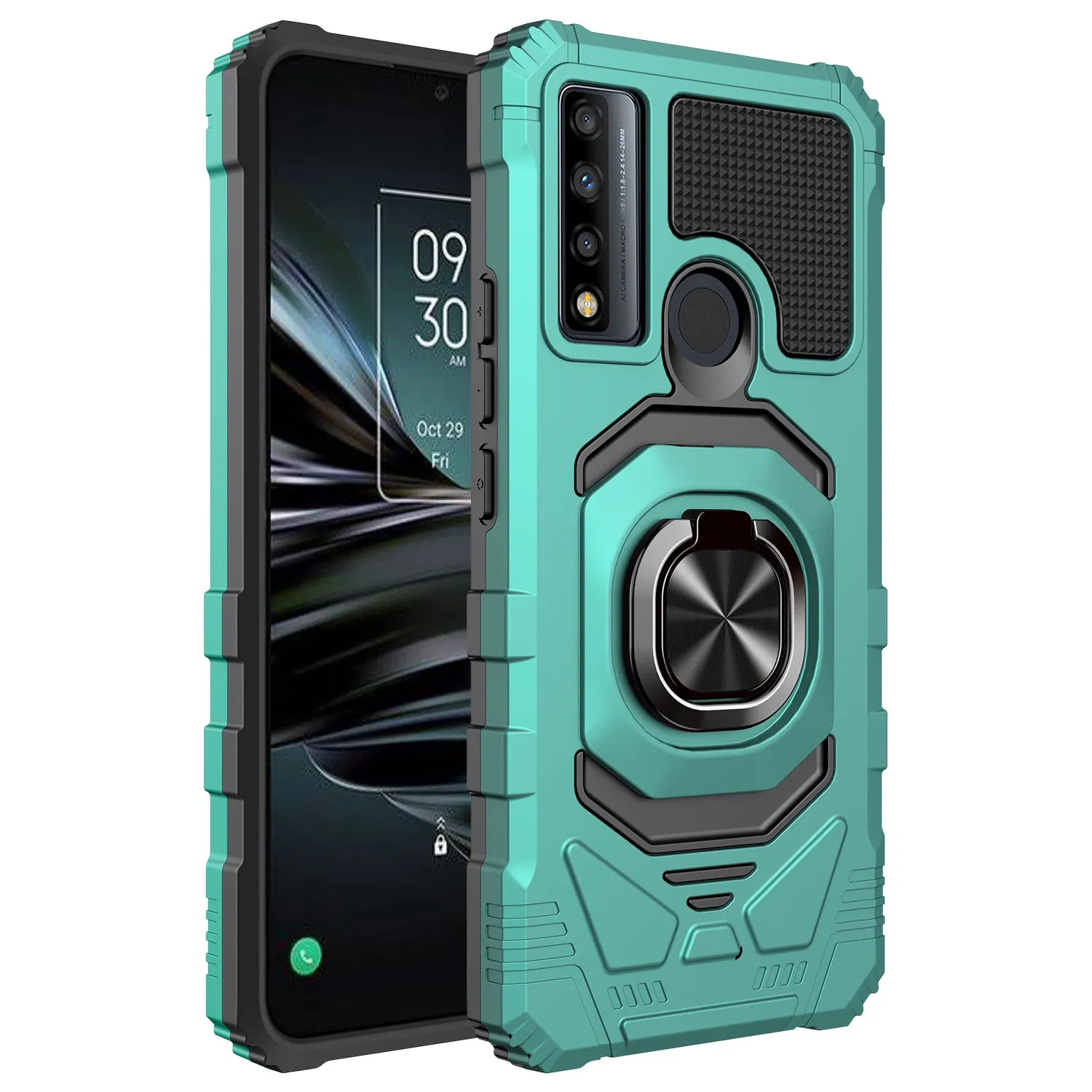 For TCL 20 XE Case [Military Grade] Ring Car Mount Kickstand w/[Tempered Glass] Hybrid Hard PC Soft TPU Shockproof Protective Case - Teal