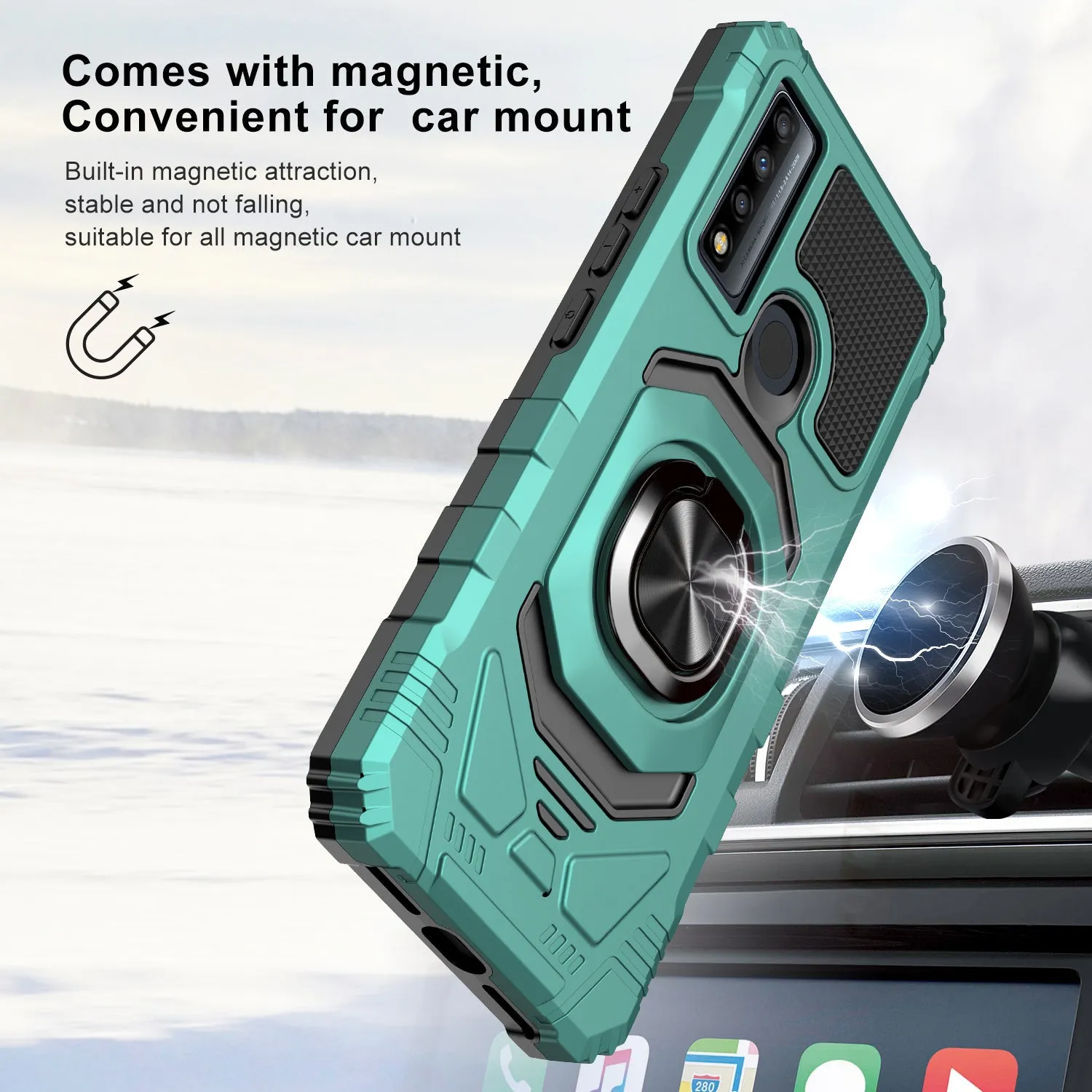 For TCL 20 XE Case [Military Grade] Ring Car Mount Kickstand w/[Tempered Glass] Hybrid Hard PC Soft TPU Shockproof Protective Case - Teal