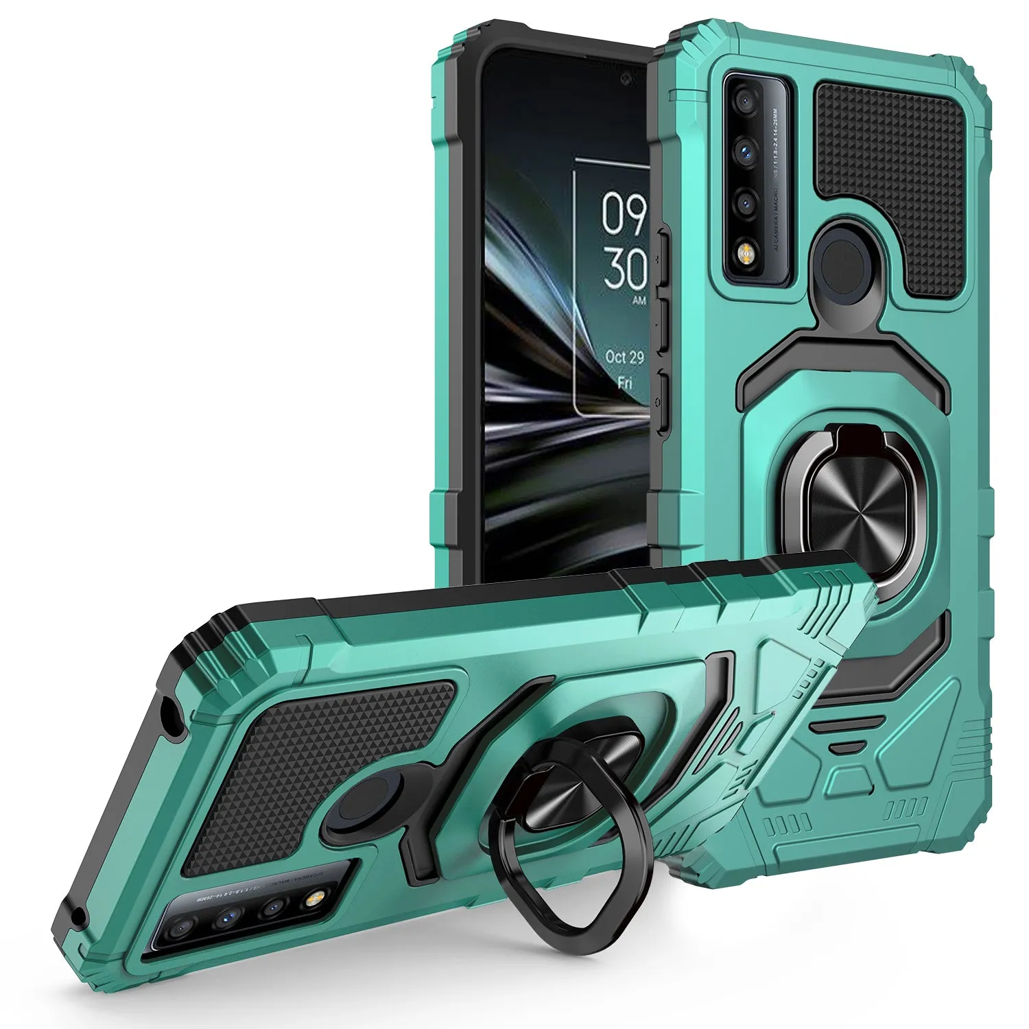 For TCL 20 XE Case [Military Grade] Ring Car Mount Kickstand w/[Tempered Glass] Hybrid Hard PC Soft TPU Shockproof Protective Case - Teal