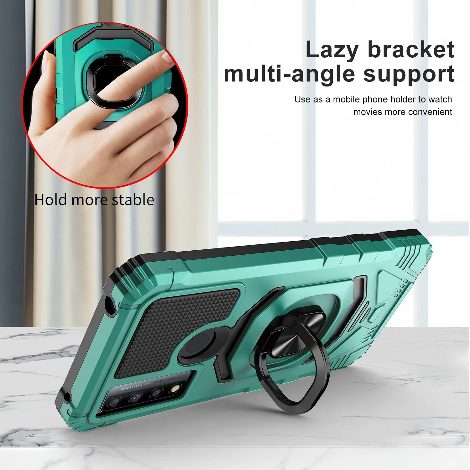 For TCL 20 XE Case [Military Grade] Ring Car Mount Kickstand w/[Tempered Glass] Hybrid Hard PC Soft TPU Shockproof Protective Case - Teal