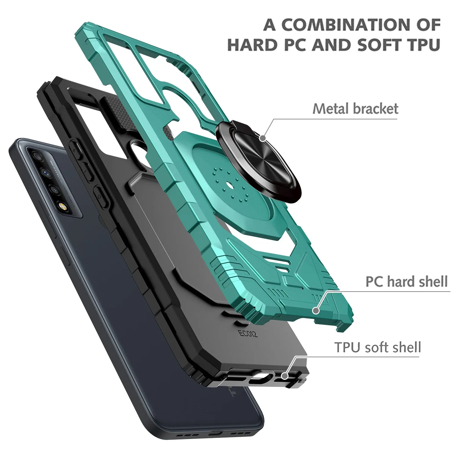 For TCL 20 XE Case [Military Grade] Ring Car Mount Kickstand w/[Tempered Glass] Hybrid Hard PC Soft TPU Shockproof Protective Case - Teal