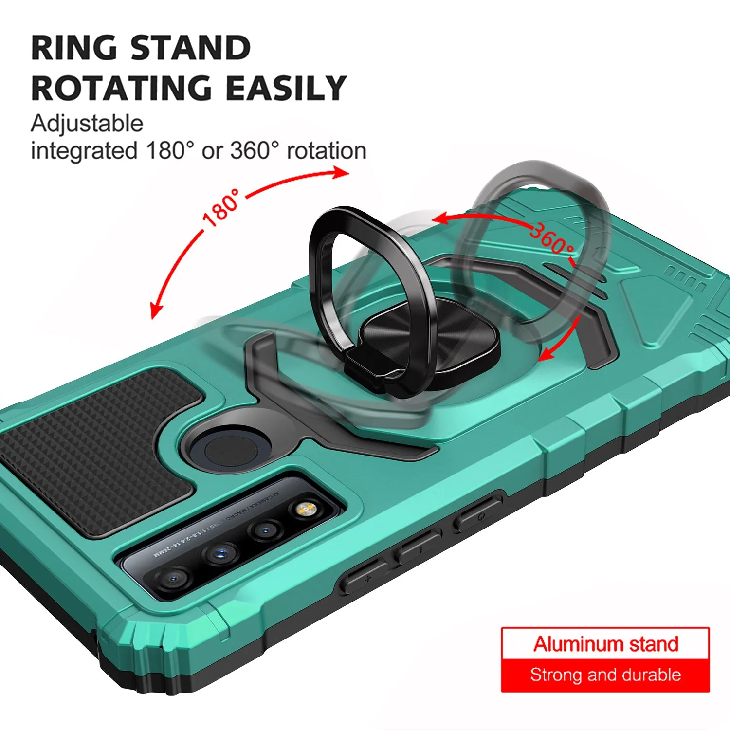 For TCL 20 XE Case [Military Grade] Ring Car Mount Kickstand w/[Tempered Glass] Hybrid Hard PC Soft TPU Shockproof Protective Case - Teal