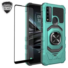 For TCL 20 XE Case [Military Grade] Ring Car Mount Kickstand w/[Tempered Glass] Hybrid Hard PC Soft TPU Shockproof Protective Case - Teal