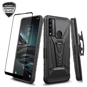 For TCL 20 XE Case with Tempered Glass Screen Protector Heavy Duty Protective Phone Case,Built-in Kickstand Rugged Shockproof Protective Phone Case - Black