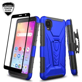 For TCL A3 Case with Tempered Glass Screen Protector Heavy Duty Protective Phone Case,Built-in Kickstand Rugged Shockproof Protective Phone Case - Blue