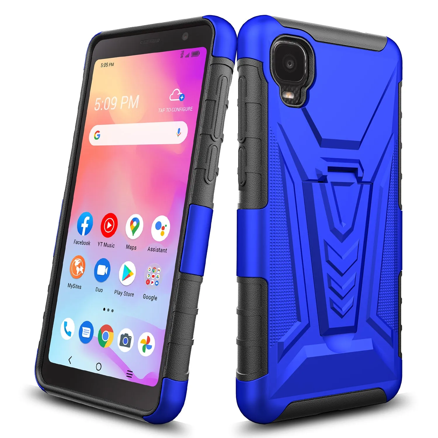 For TCL A3 Case with Tempered Glass Screen Protector Heavy Duty Protective Phone Case,Built-in Kickstand Rugged Shockproof Protective Phone Case - Blue